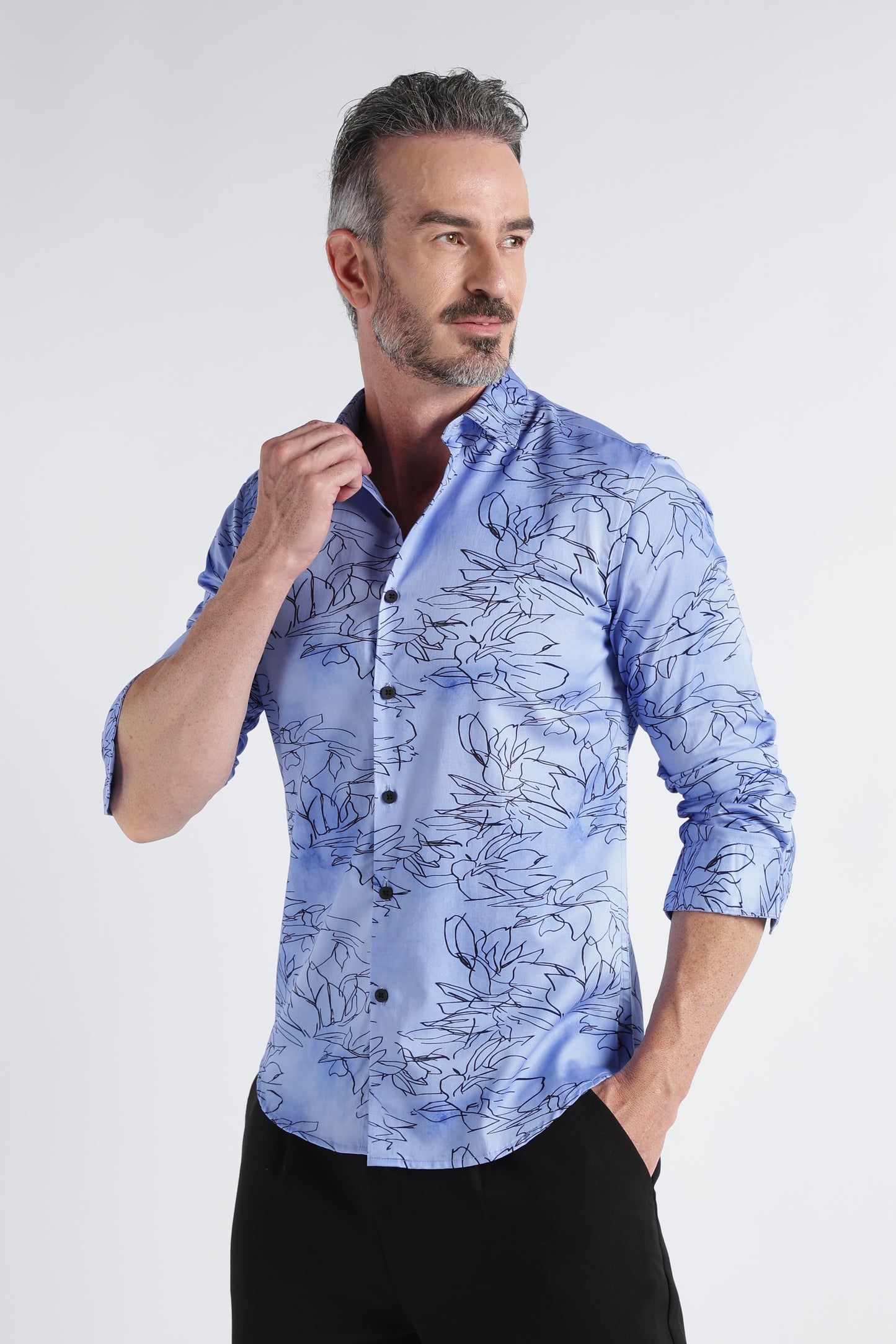 Blue Black Floral Print Shirt - Slim Fit Party Wear