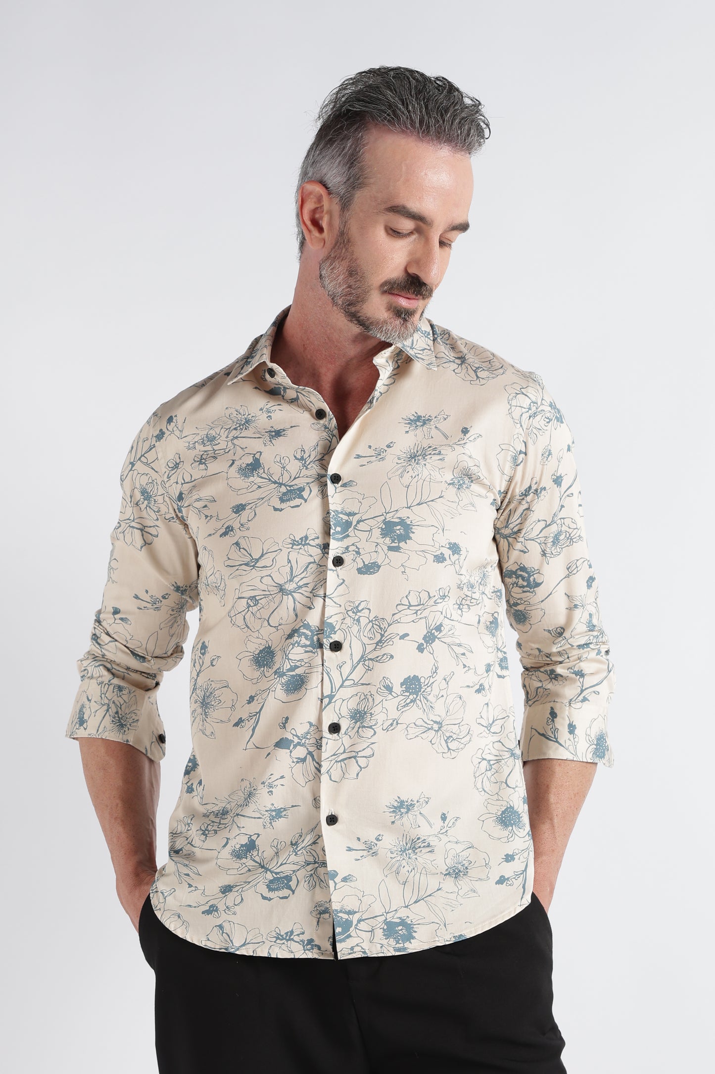 Beige Floral Print Shirt - Slim Fit Party Wear