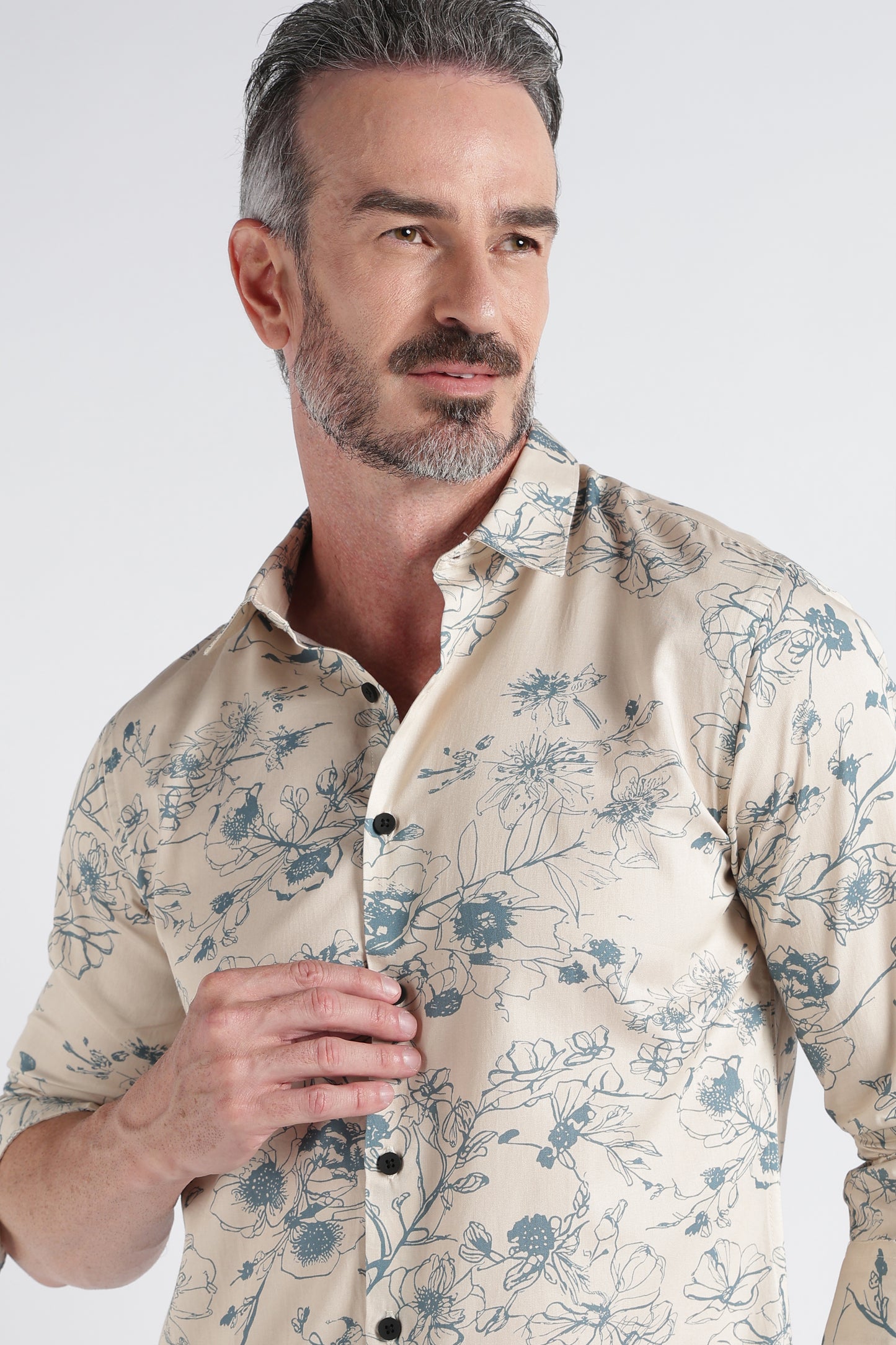 Beige Floral Print Shirt - Slim Fit Party Wear
