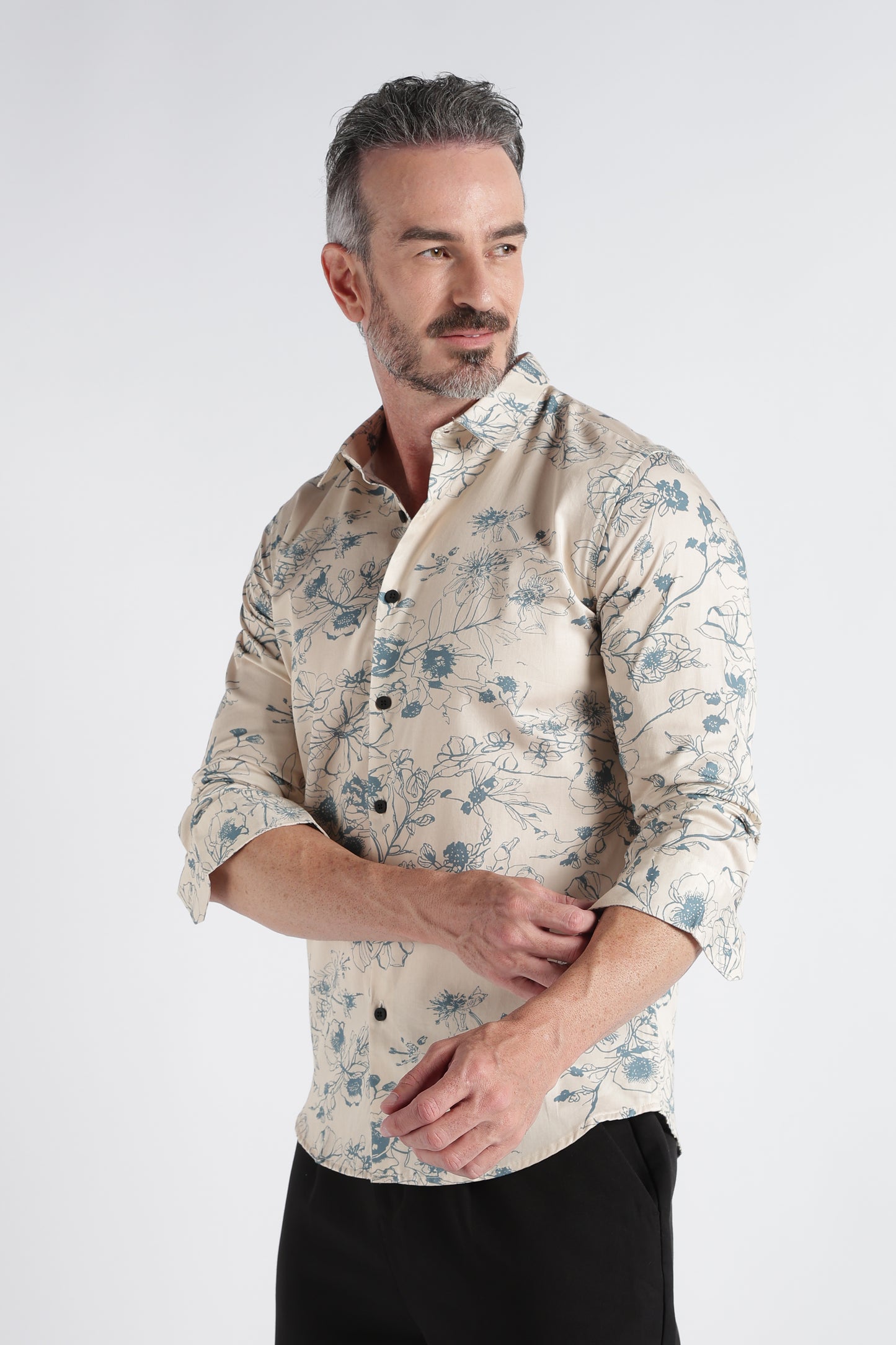 Beige Floral Print Shirt - Slim Fit Party Wear