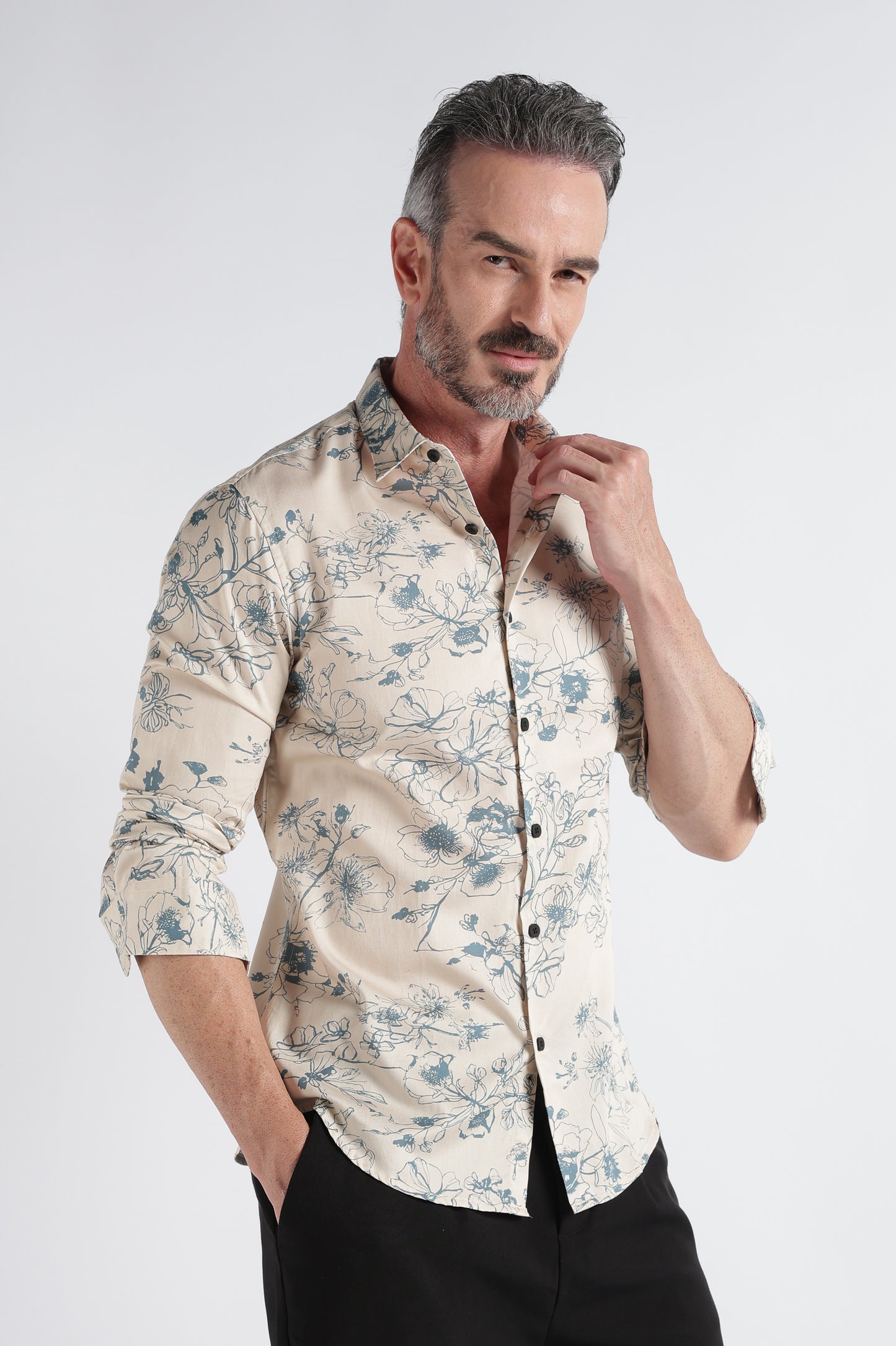 Beige Floral Print Shirt - Slim Fit Party Wear