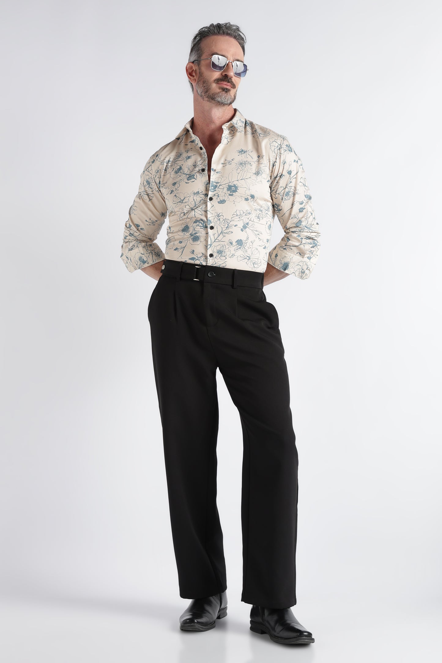 Beige Floral Print Shirt - Slim Fit Party Wear