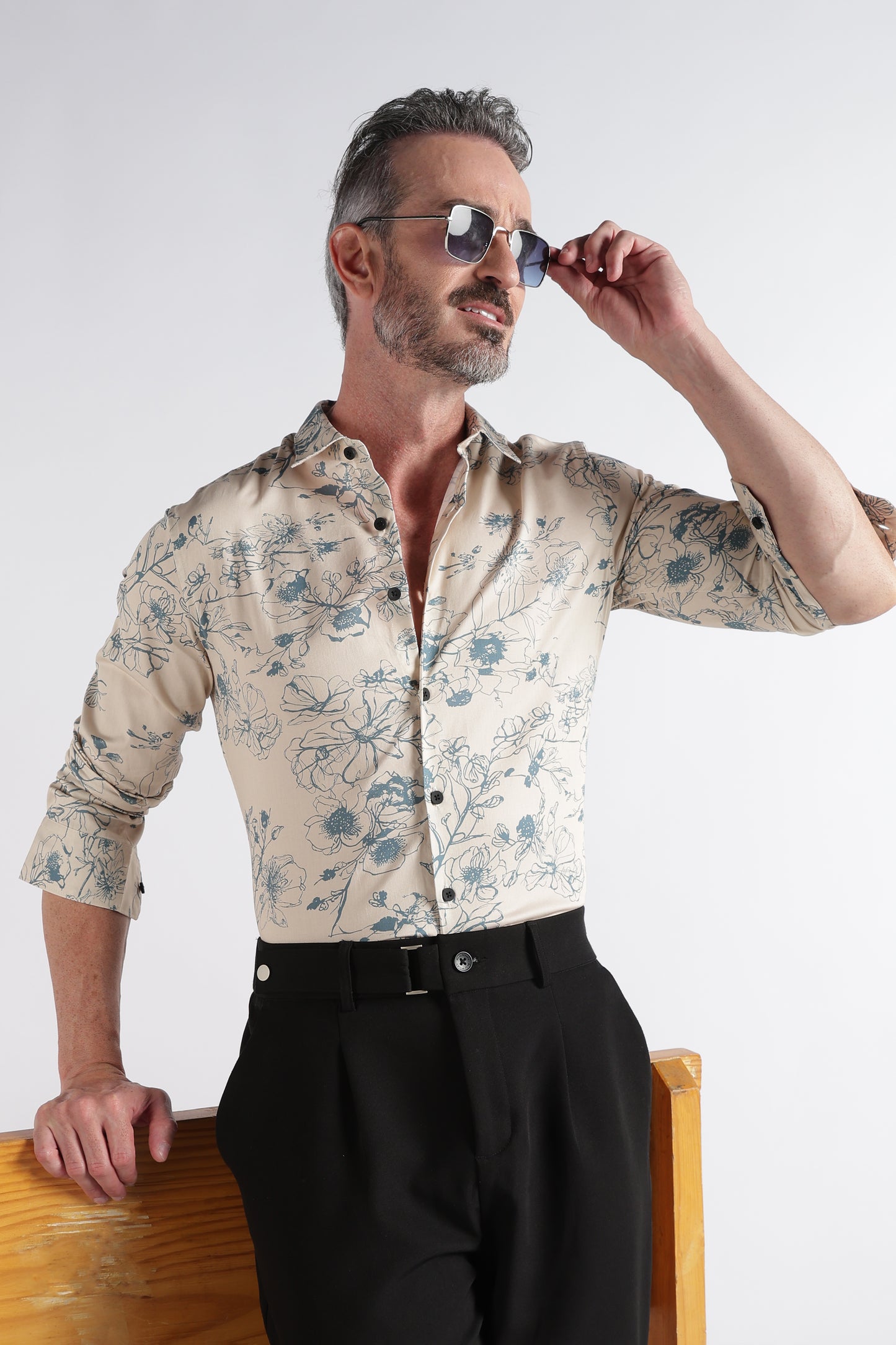 Beige Floral Print Shirt - Slim Fit Party Wear