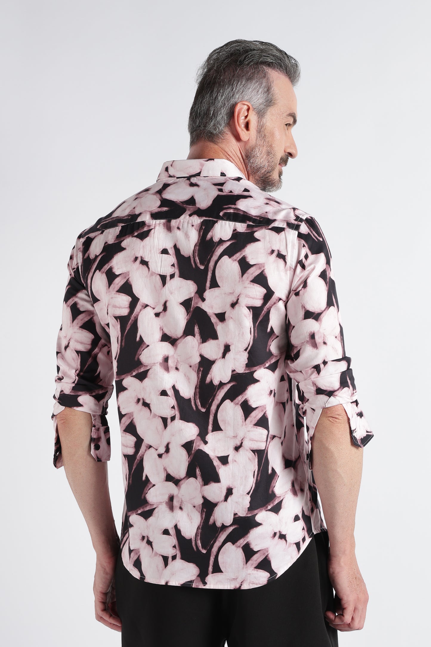 Light Pink Black Floral Print Shirt - Slim Fit Party Wear