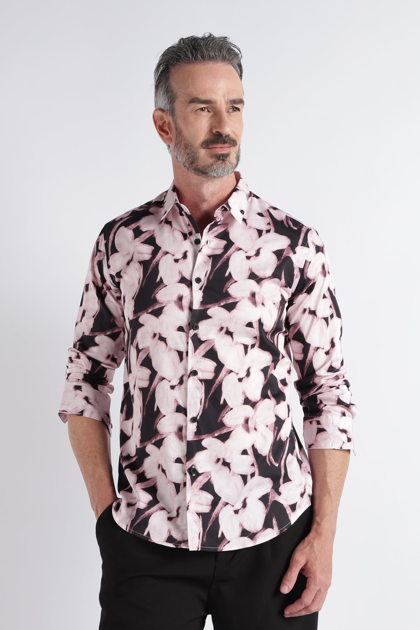 Light Pink Black Floral Print Shirt - Slim Fit Party Wear