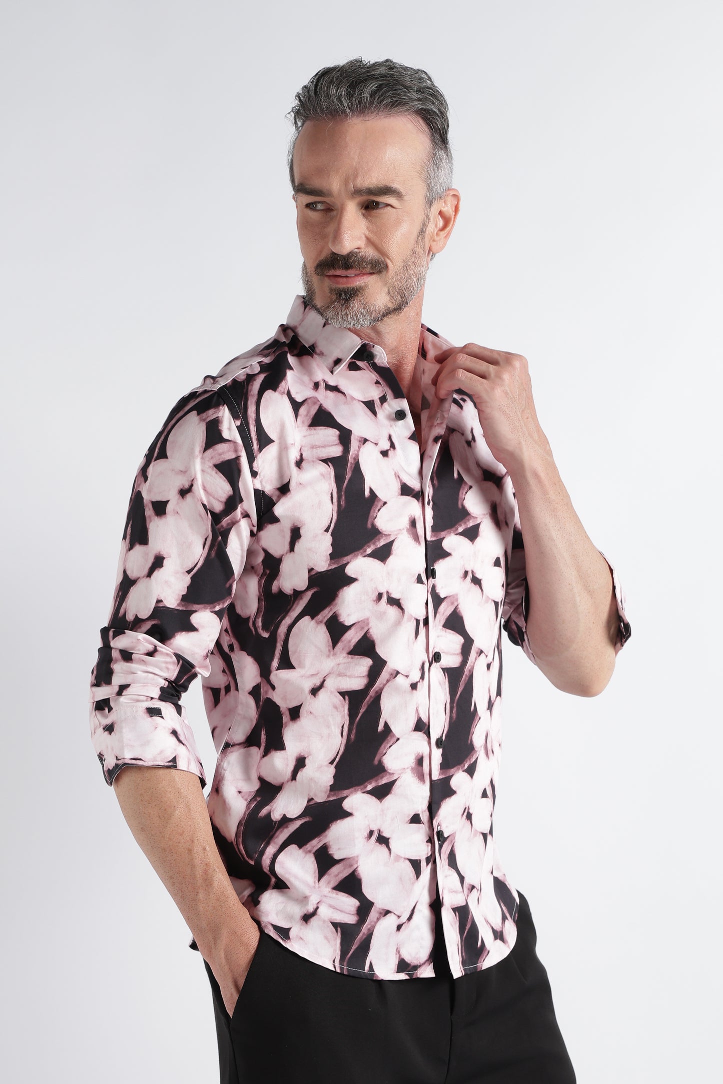 Light Pink Black Floral Print Shirt - Slim Fit Party Wear