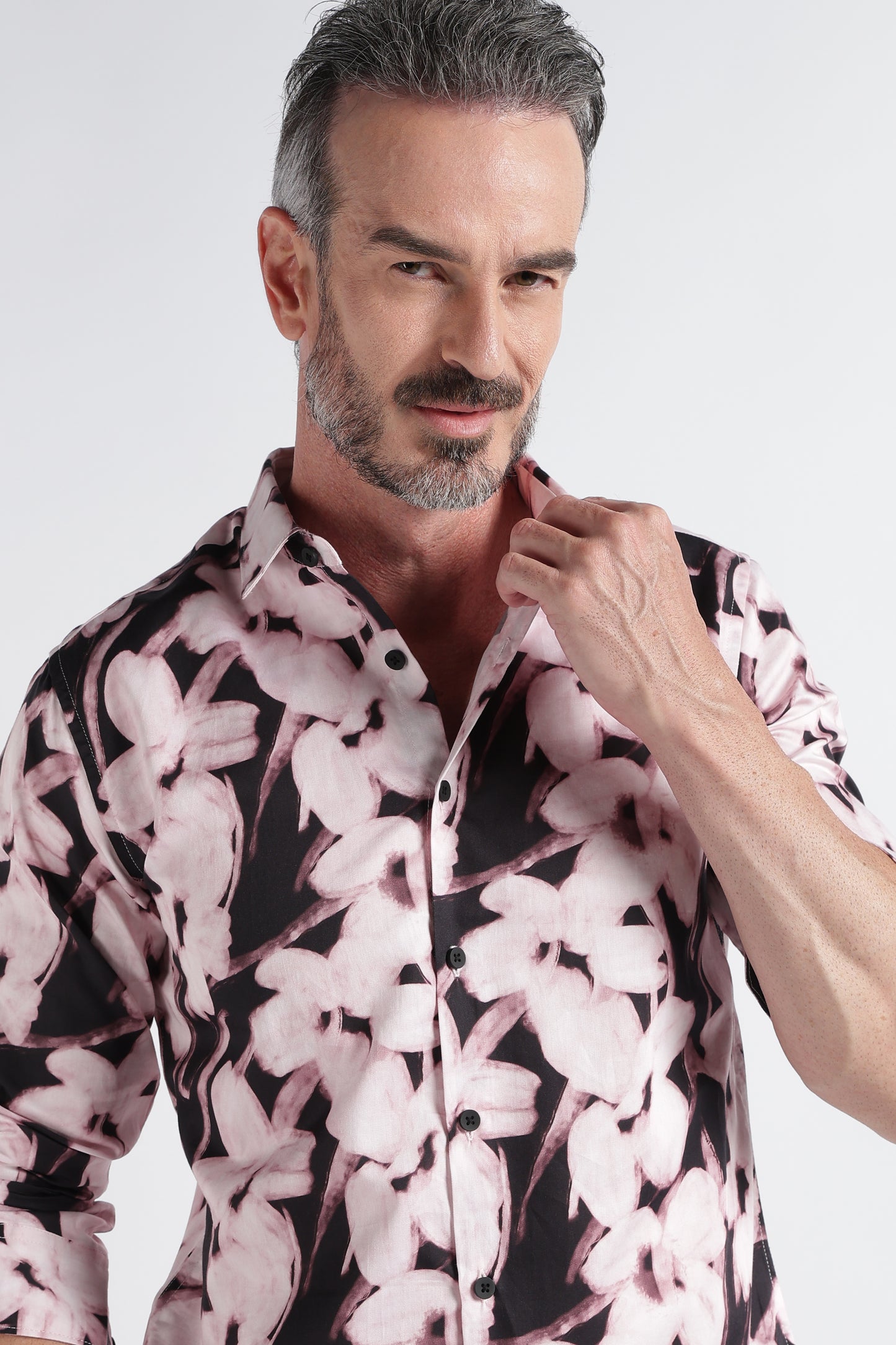 Light Pink Black Floral Print Shirt - Slim Fit Party Wear