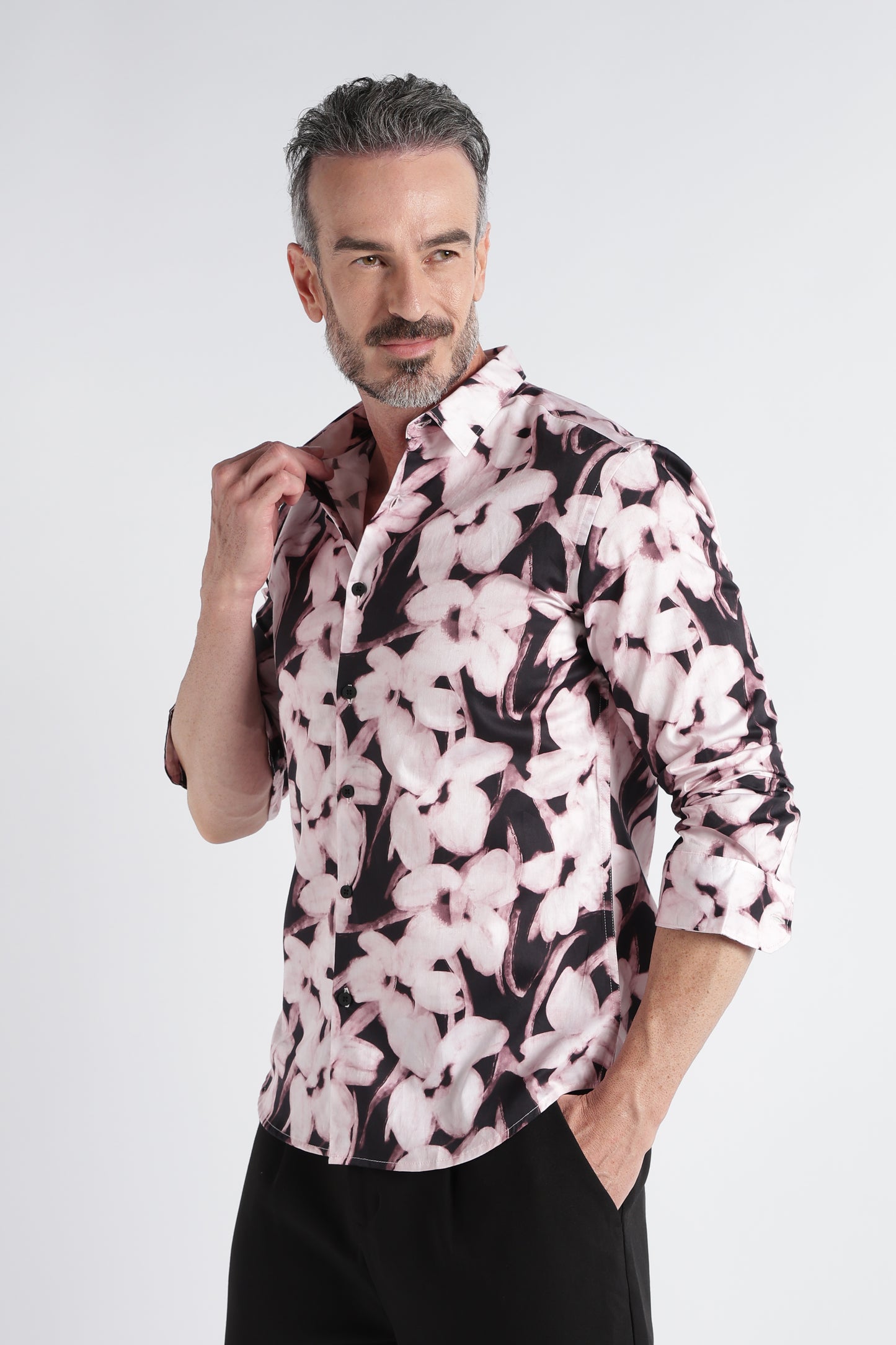 Light Pink Black Floral Print Shirt - Slim Fit Party Wear