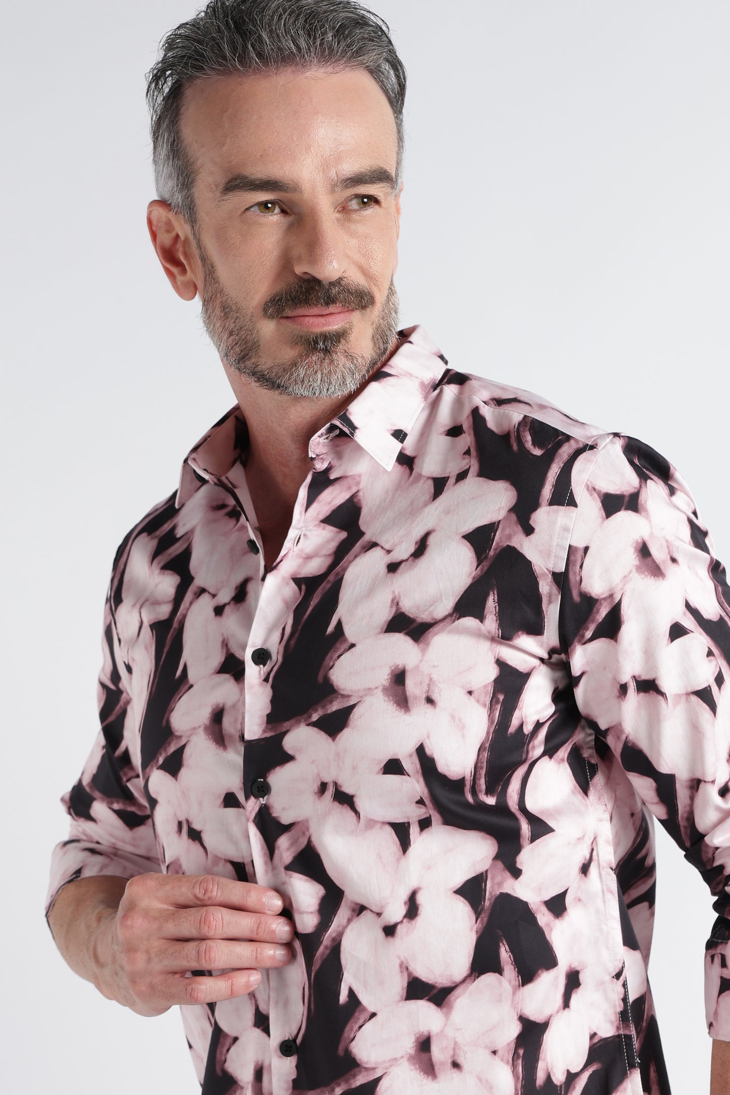 Light Pink Black Floral Print Shirt - Slim Fit Party Wear