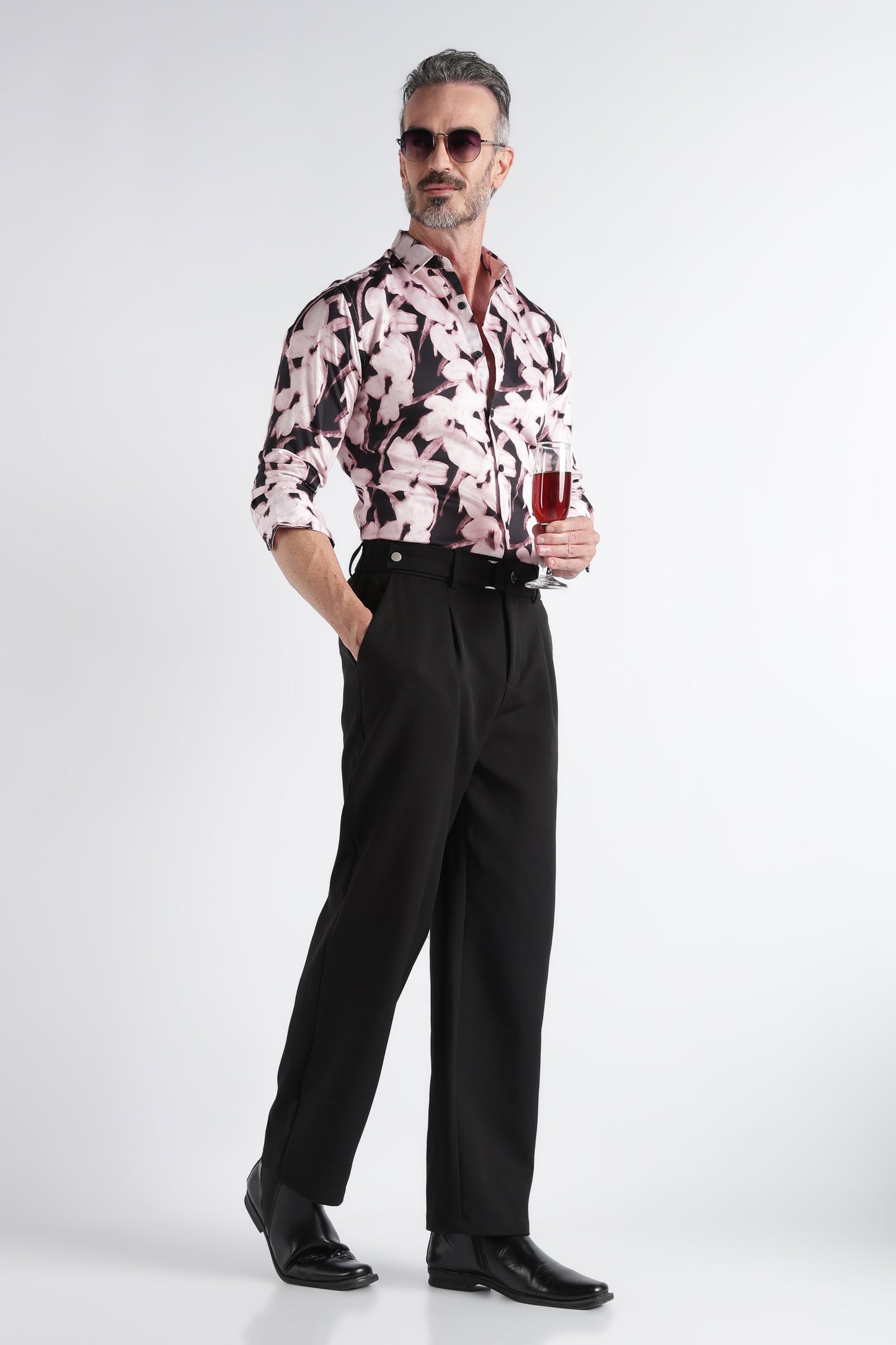 Light Pink Black Floral Print Shirt - Slim Fit Party Wear