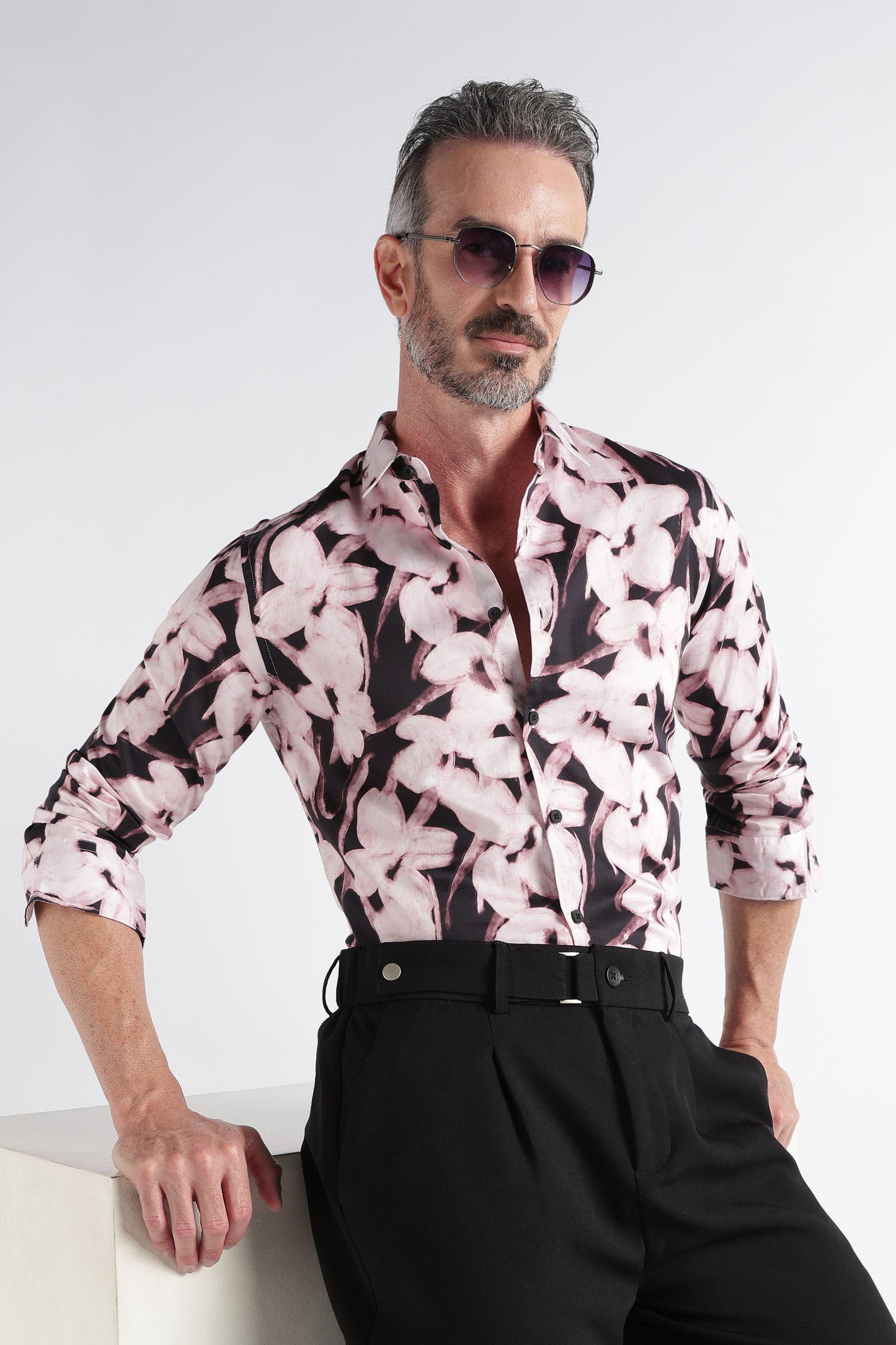 Light Pink Black Floral Print Shirt - Slim Fit Party Wear