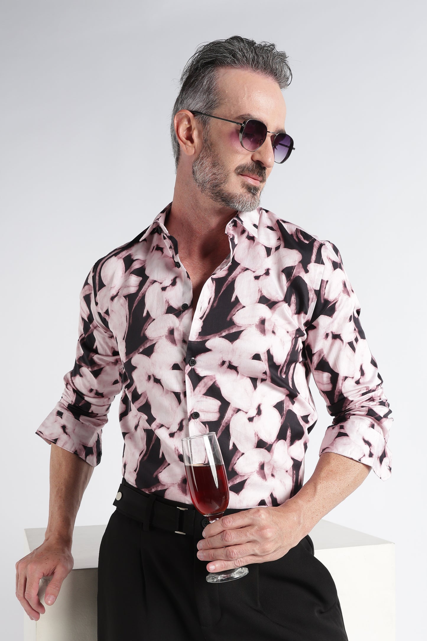 Light Pink Black Floral Print Shirt - Slim Fit Party Wear