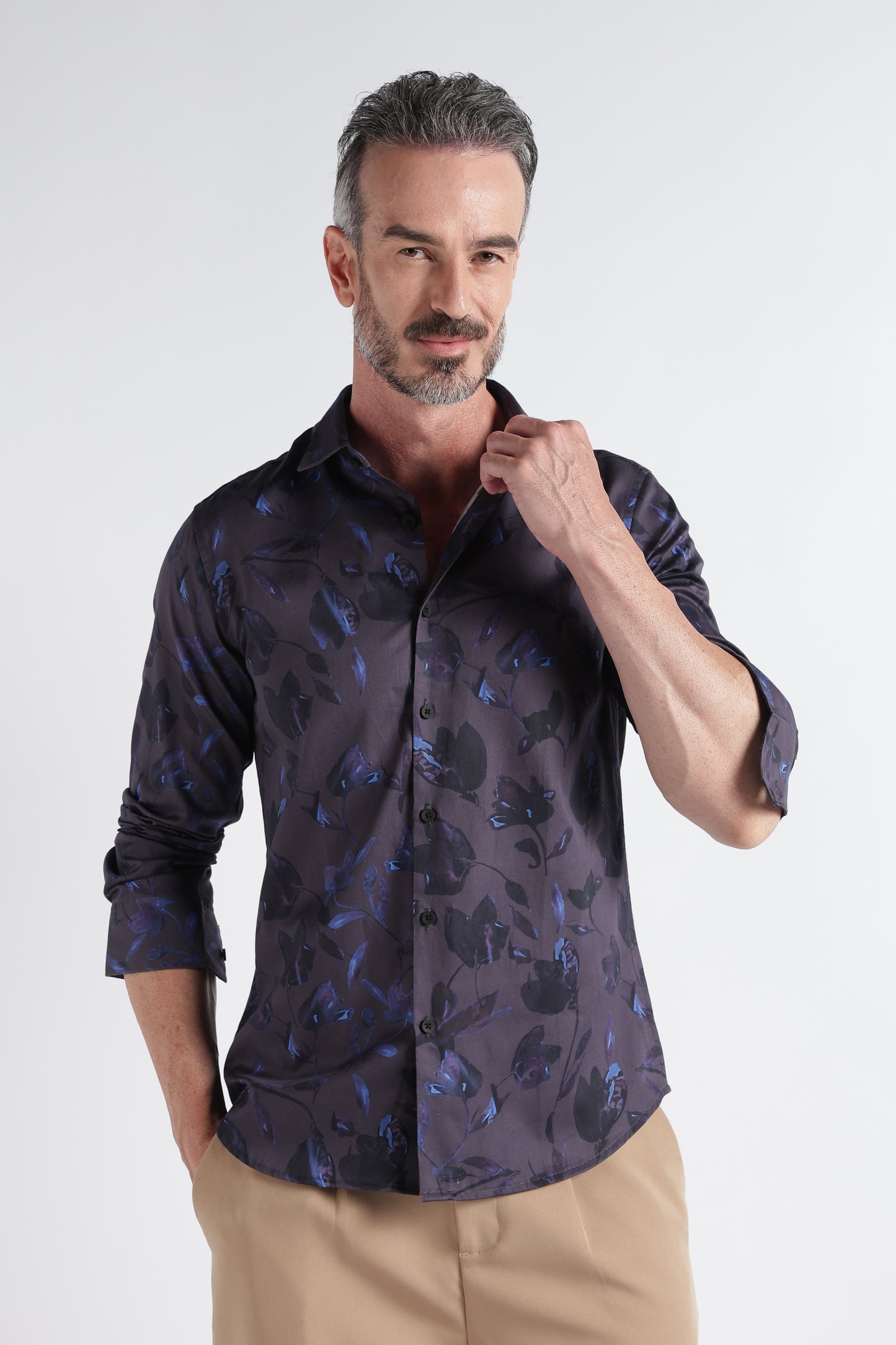 Navy Blue Floral Print Shirt - Slim Fit Party Wear