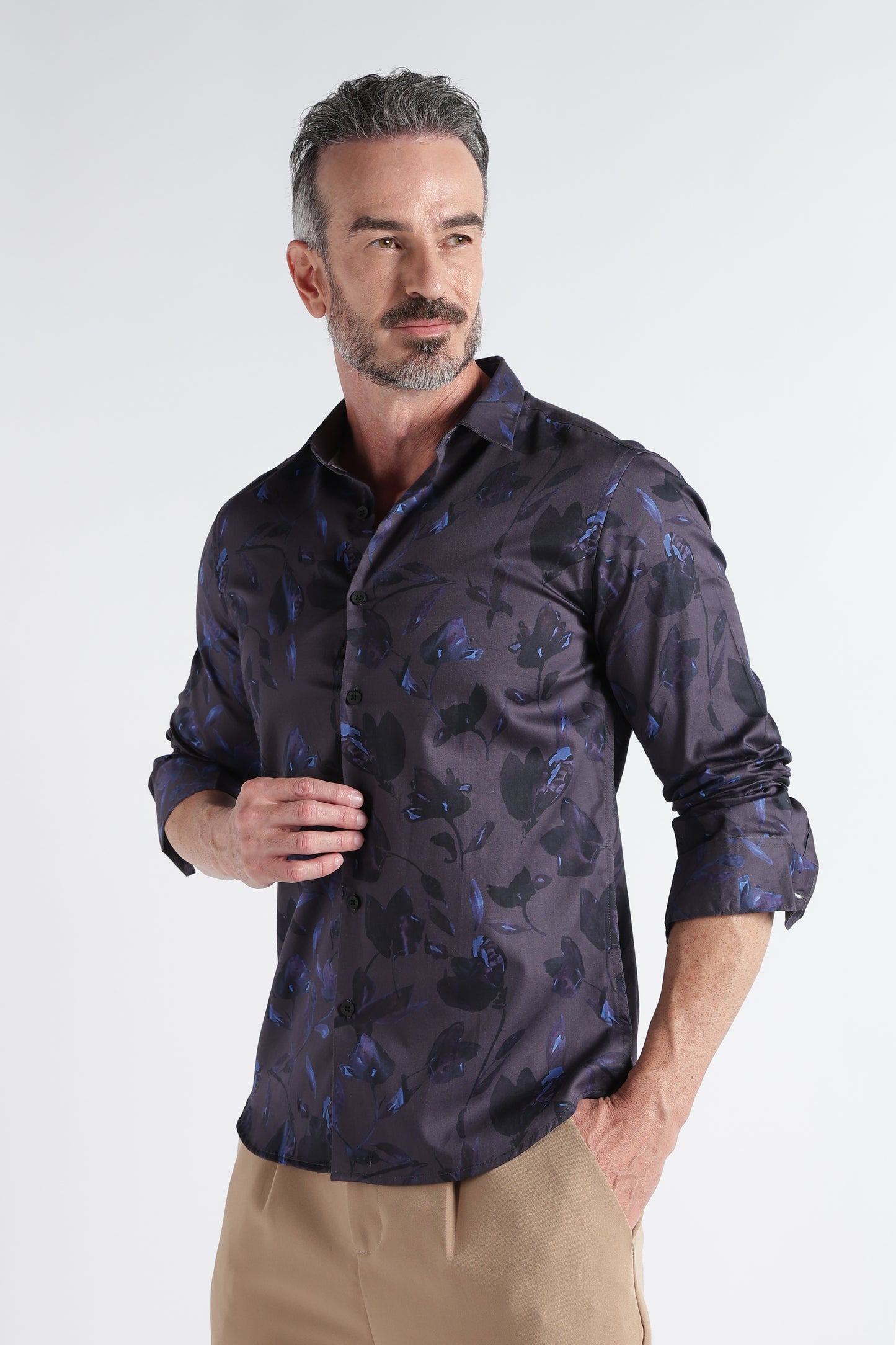 Navy Blue Floral Print Shirt - Slim Fit Party Wear