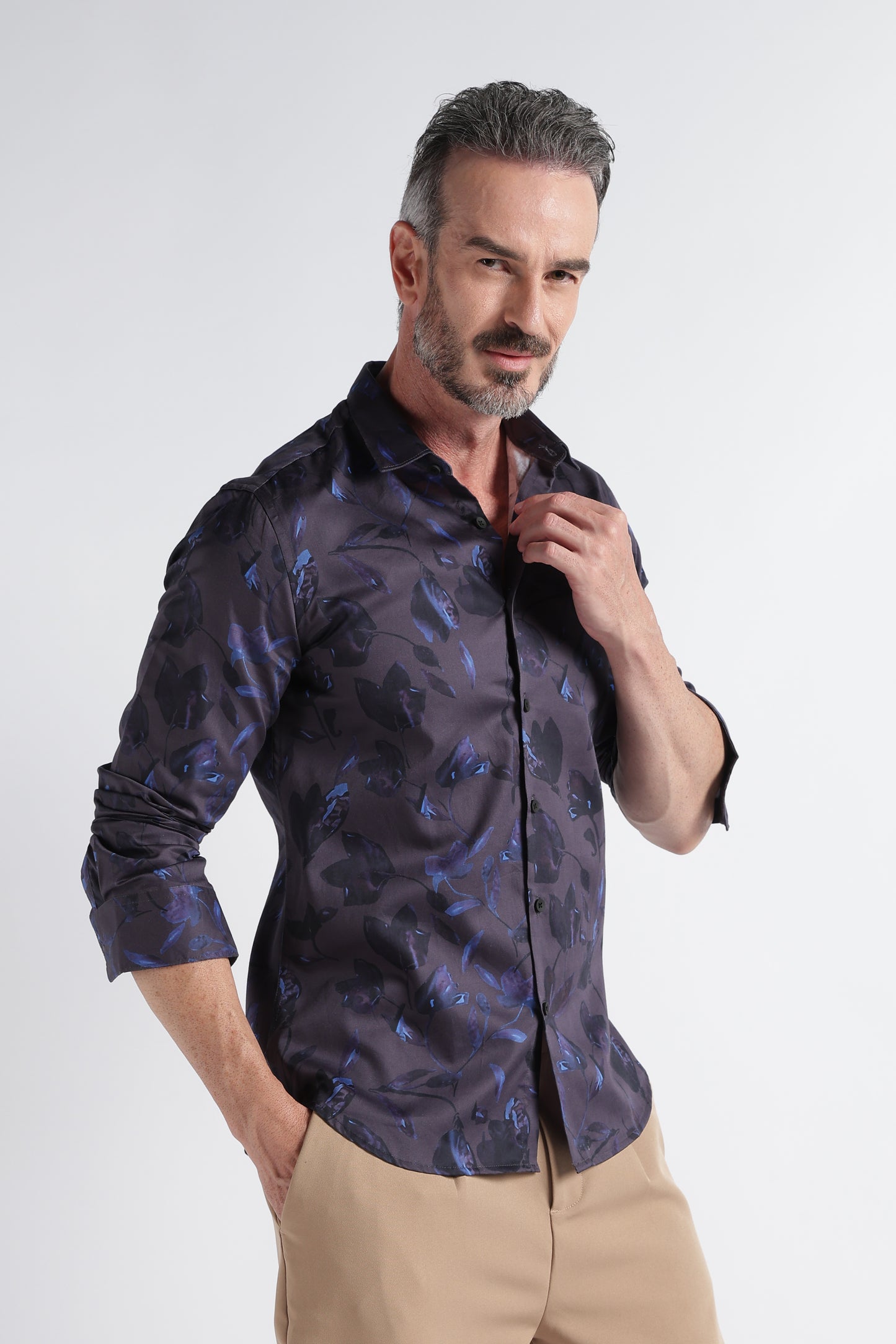 Navy Blue Floral Print Shirt - Slim Fit Party Wear