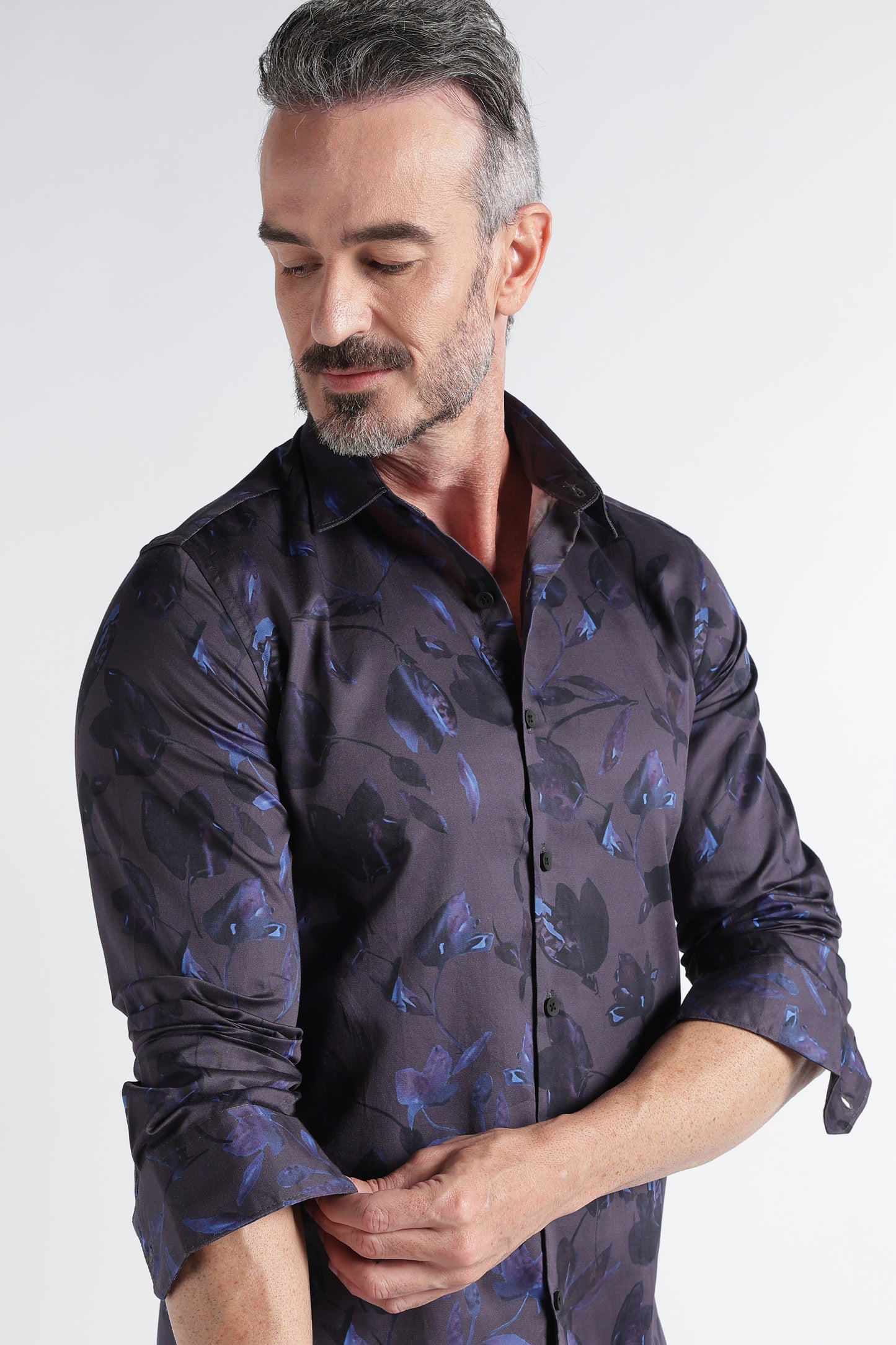 Navy Blue Floral Print Shirt - Slim Fit Party Wear