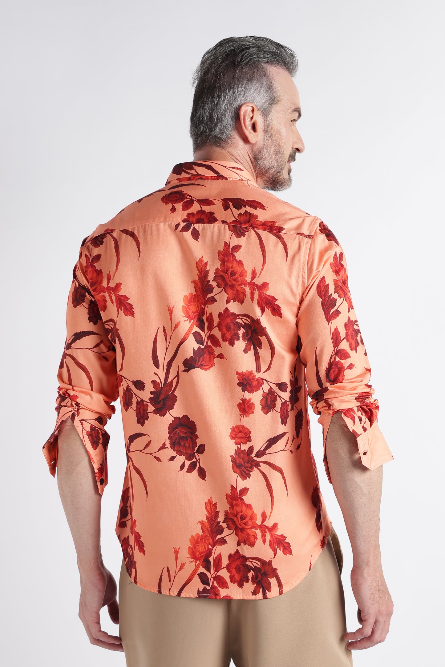 Red Peach Floral Print Shirt - Slim Fit Party Wear