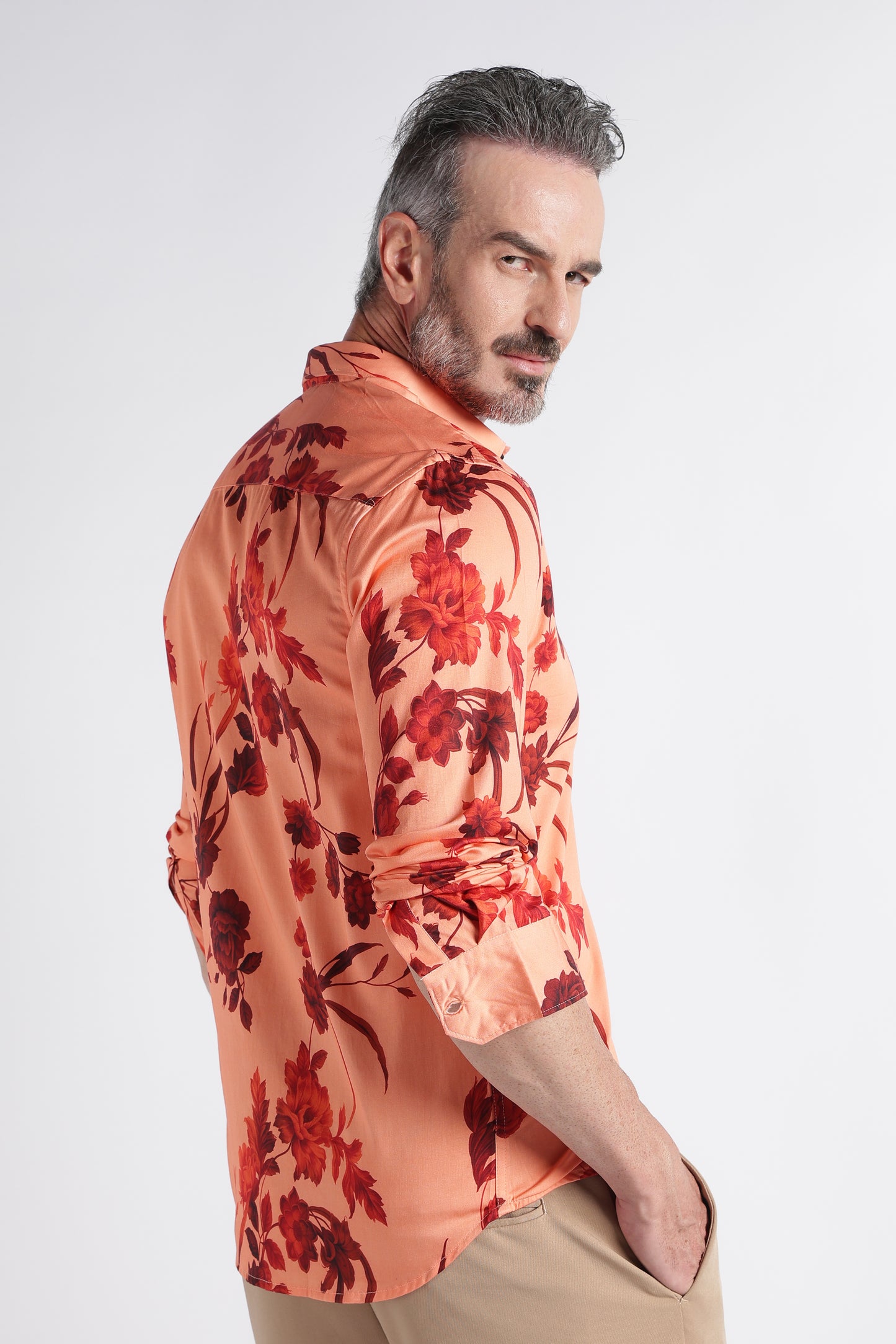 Red Peach Floral Print Shirt - Slim Fit Party Wear
