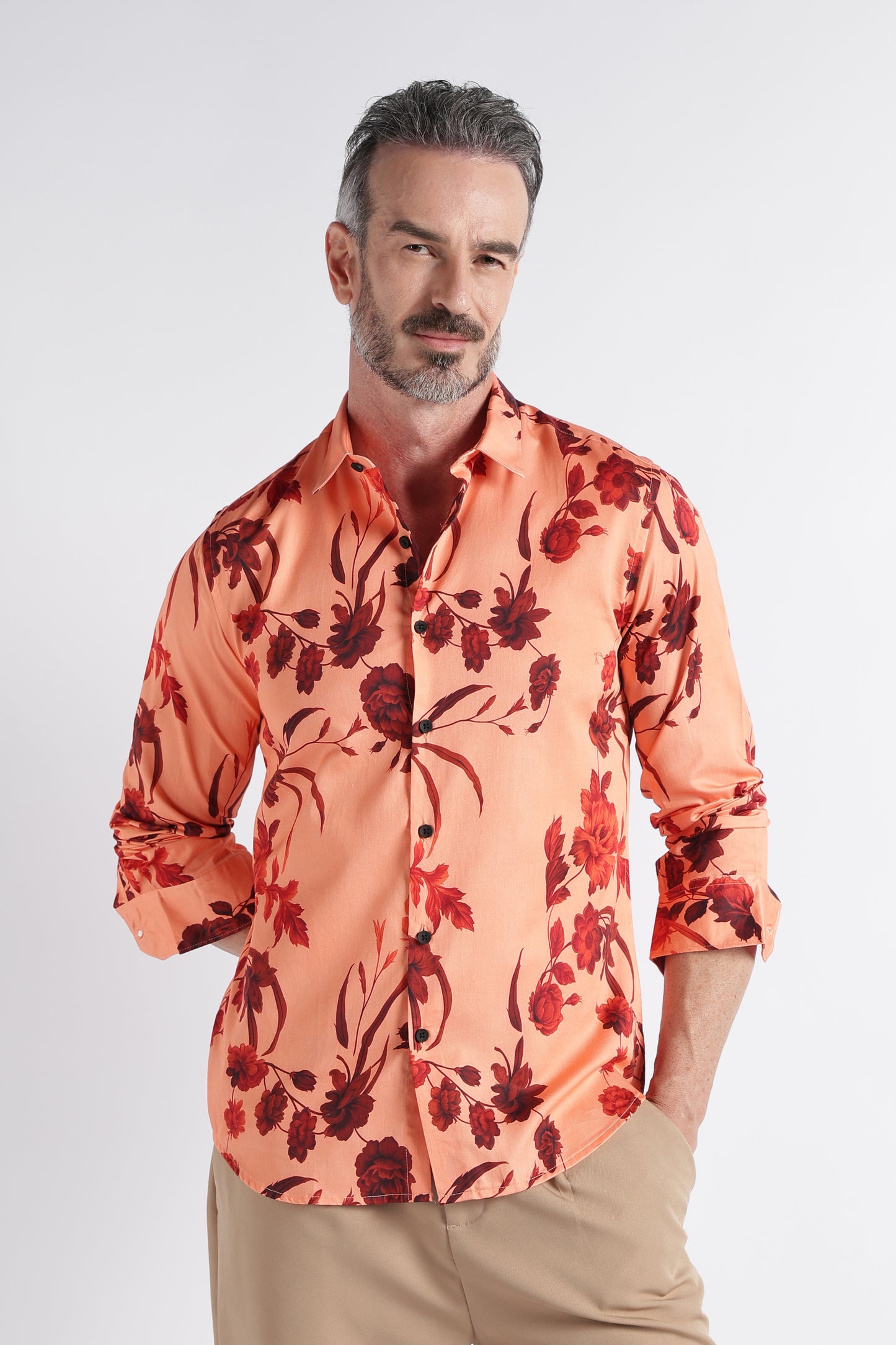 Red Peach Floral Print Shirt - Slim Fit Party Wear