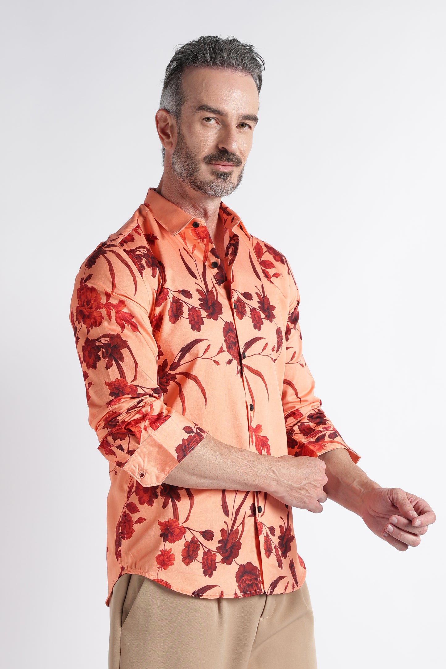 Red Peach Floral Print Shirt - Slim Fit Party Wear