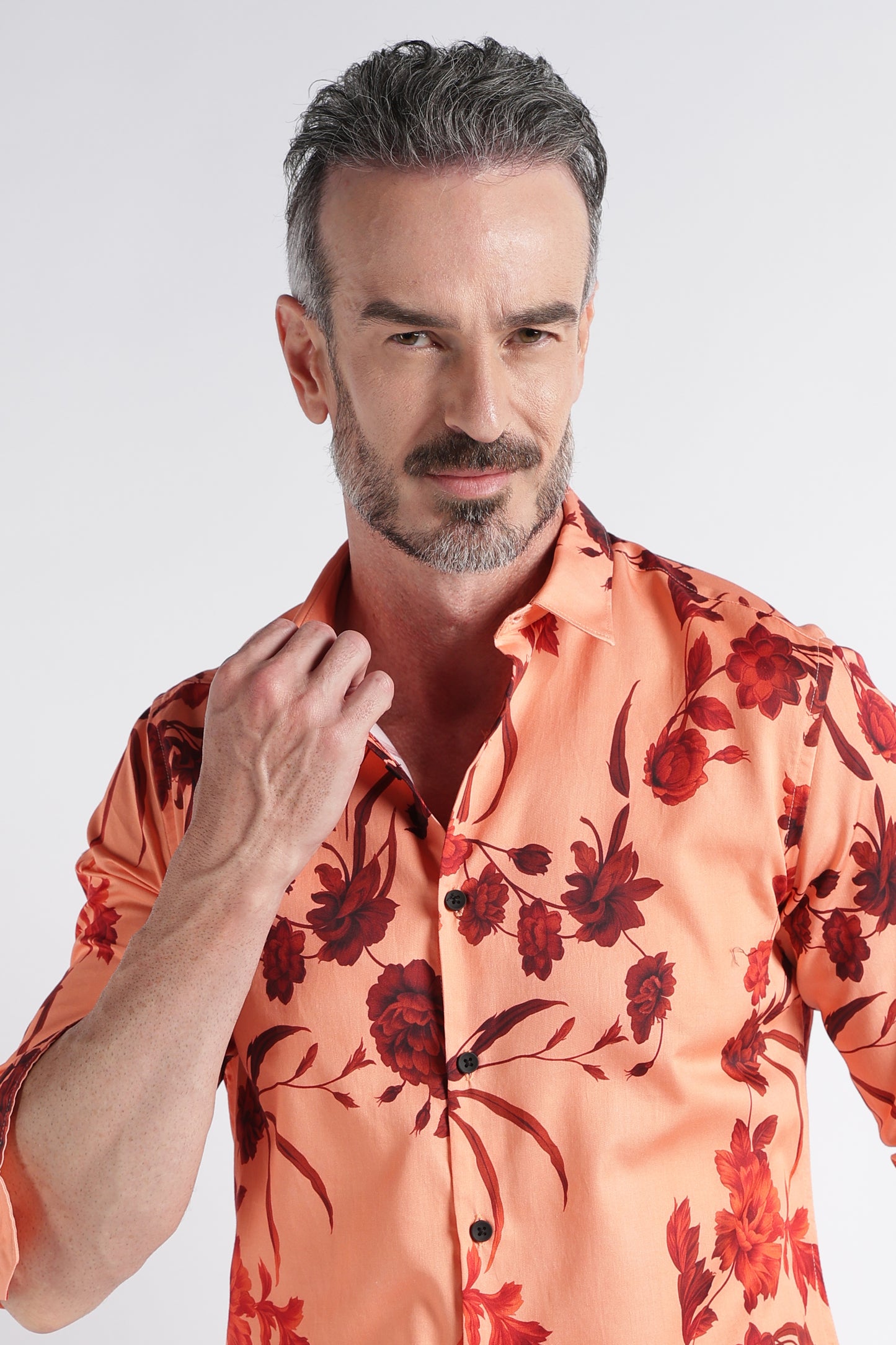 Red Peach Floral Print Shirt - Slim Fit Party Wear