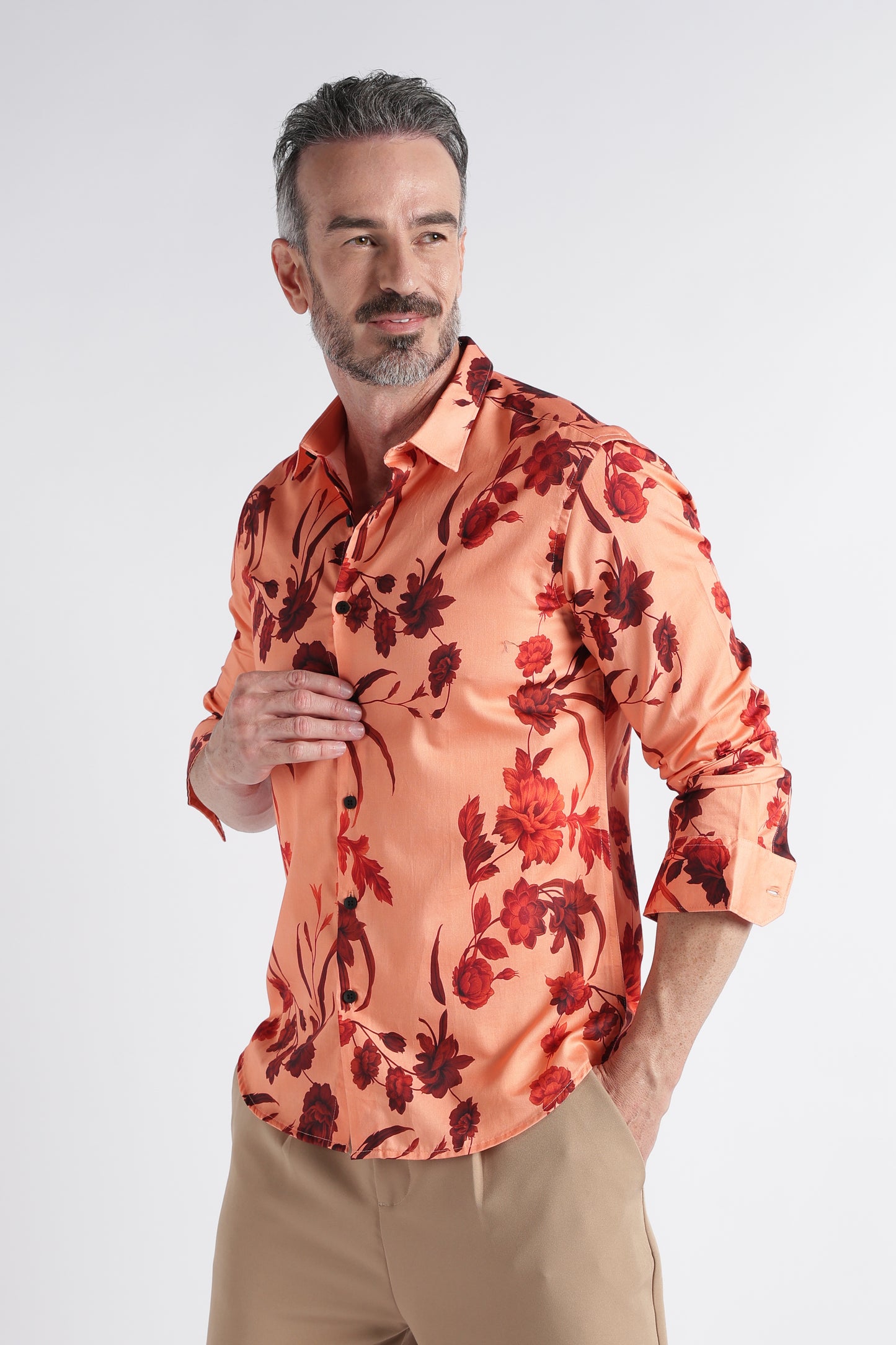 Red Peach Floral Print Shirt - Slim Fit Party Wear