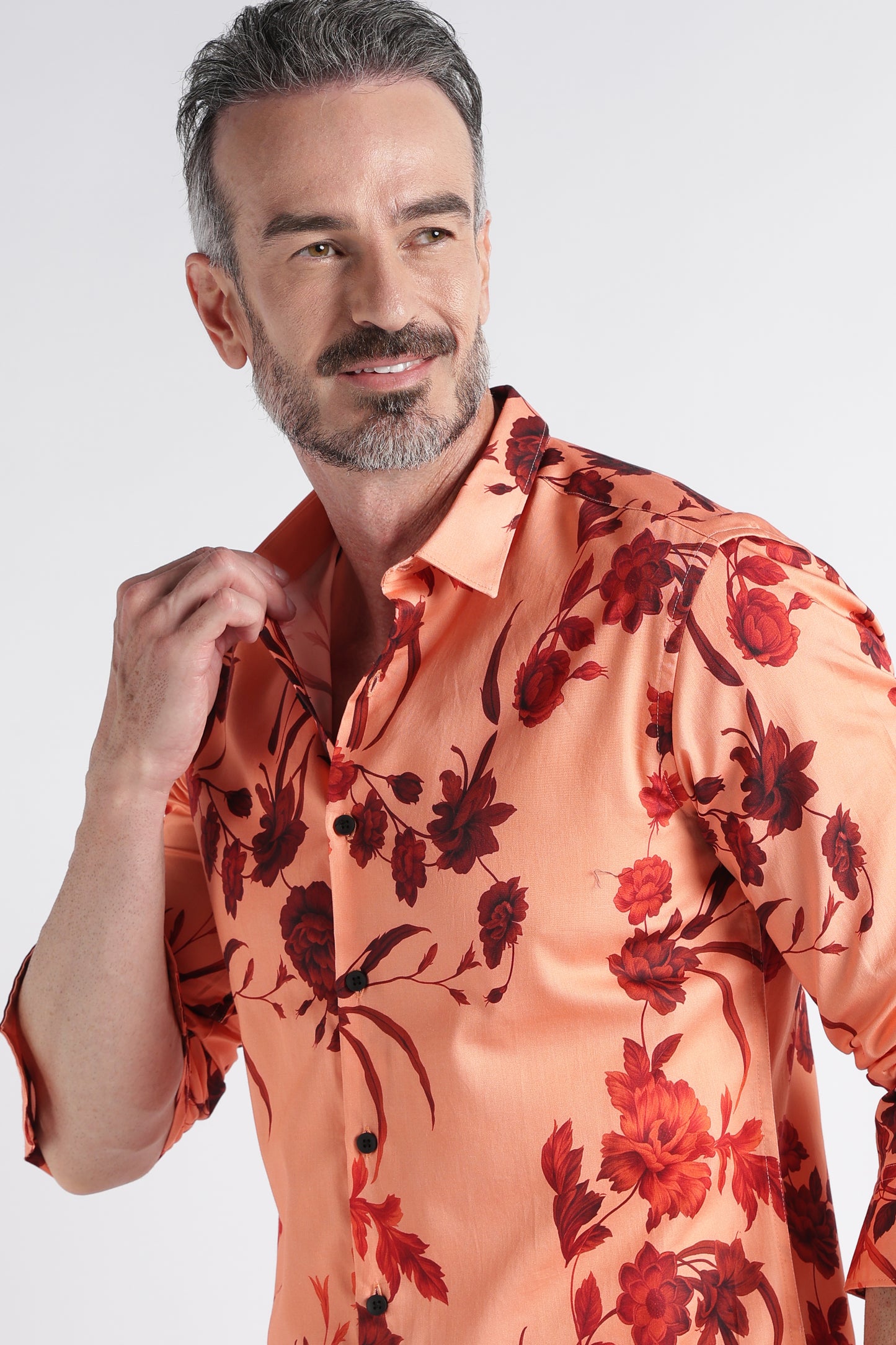 Red Peach Floral Print Shirt - Slim Fit Party Wear