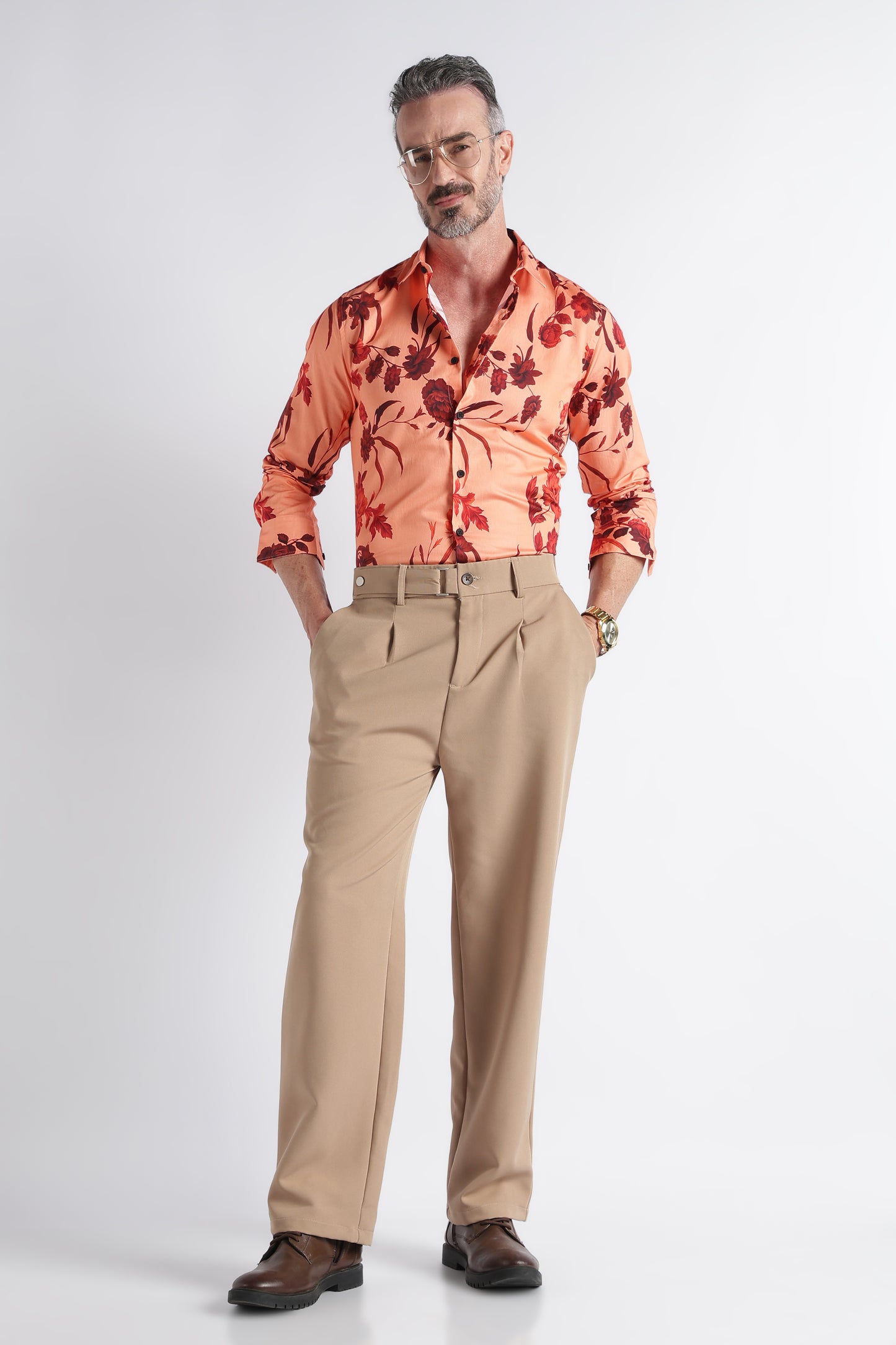 Red Peach Floral Print Shirt - Slim Fit Party Wear