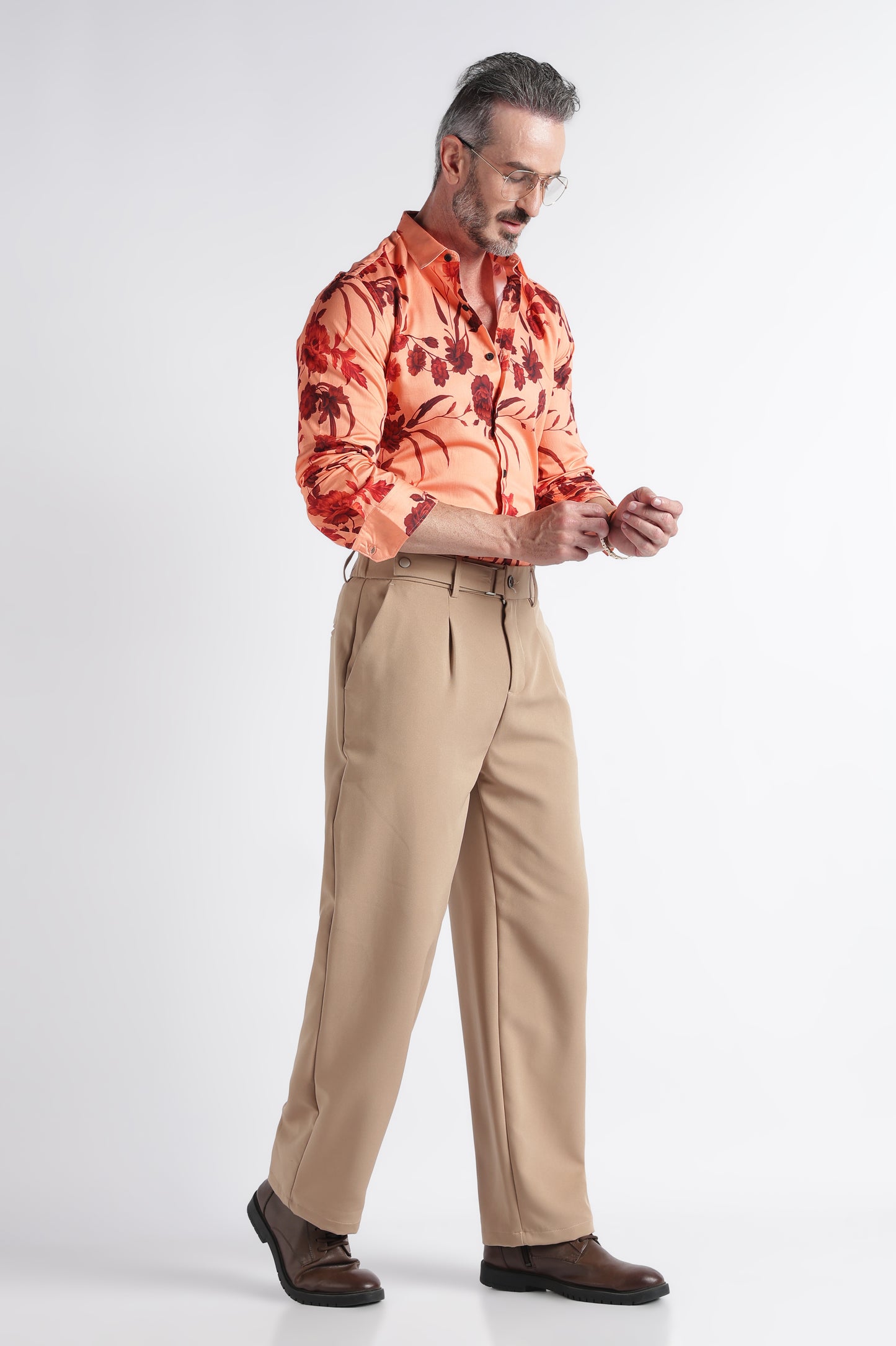 Red Peach Floral Print Shirt - Slim Fit Party Wear