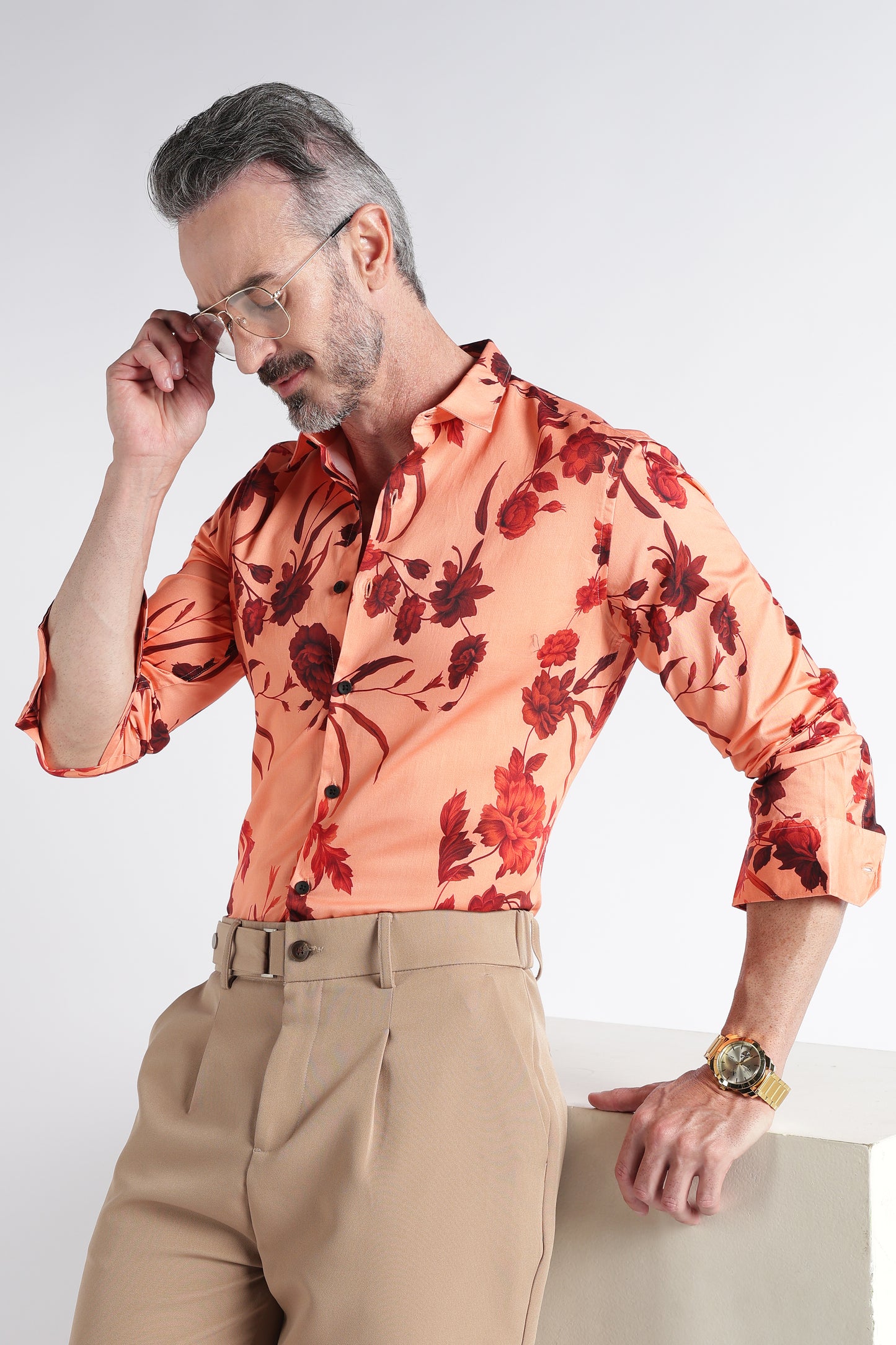 Red Peach Floral Print Shirt - Slim Fit Party Wear