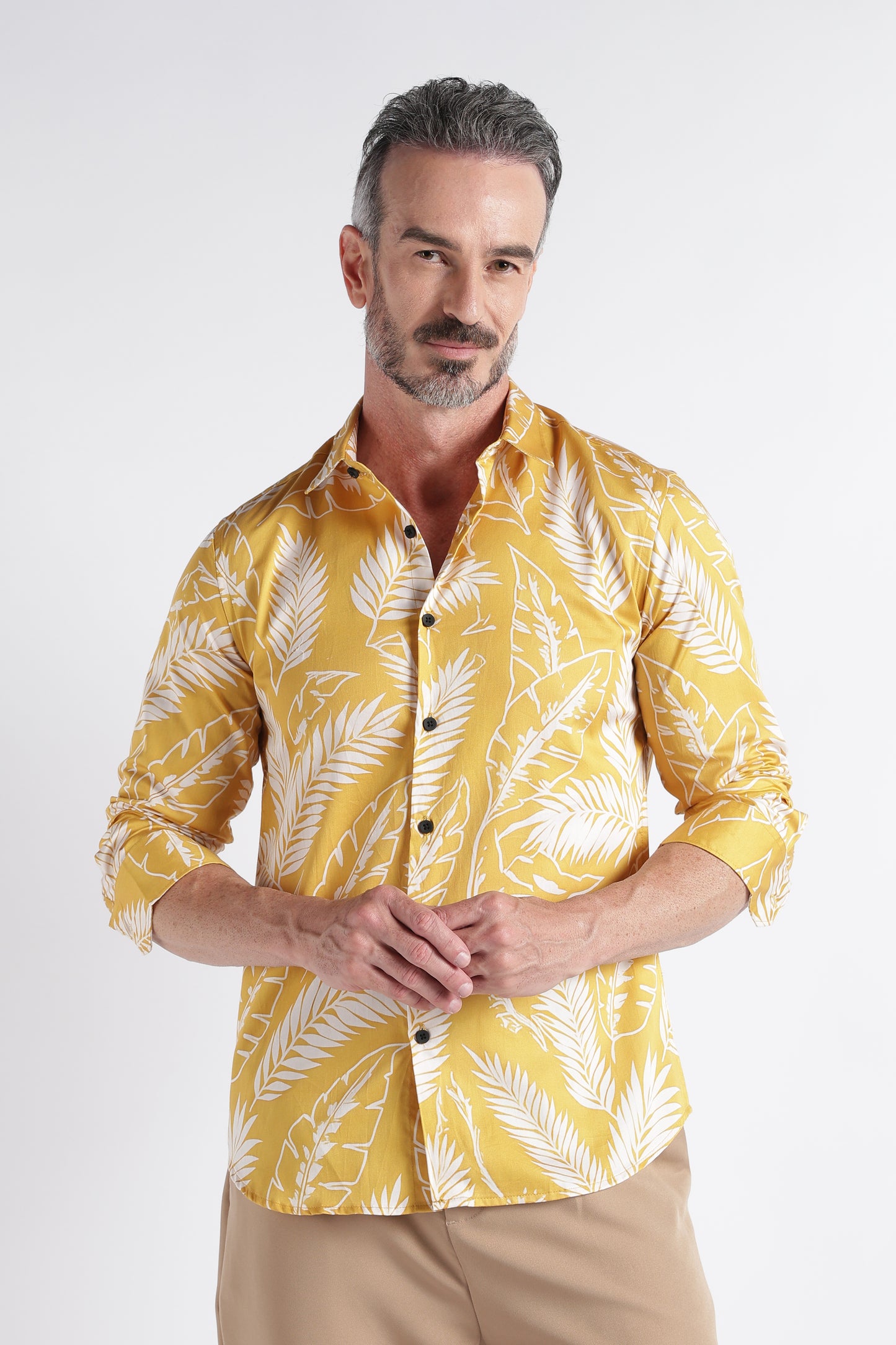 Yellow Cream Floral Print Shirt - Slim Fit Party Wear
