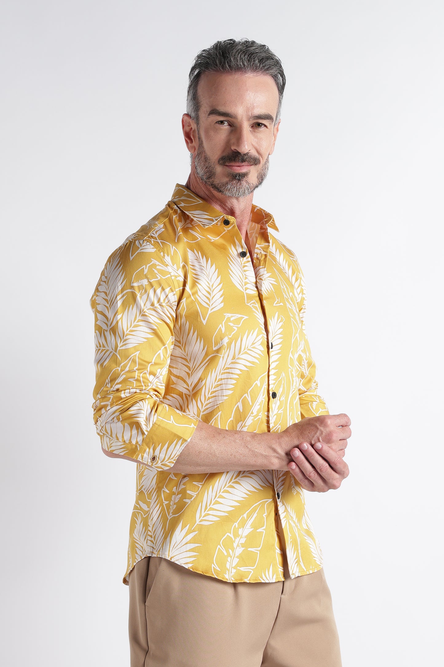Yellow Cream Floral Print Shirt - Slim Fit Party Wear