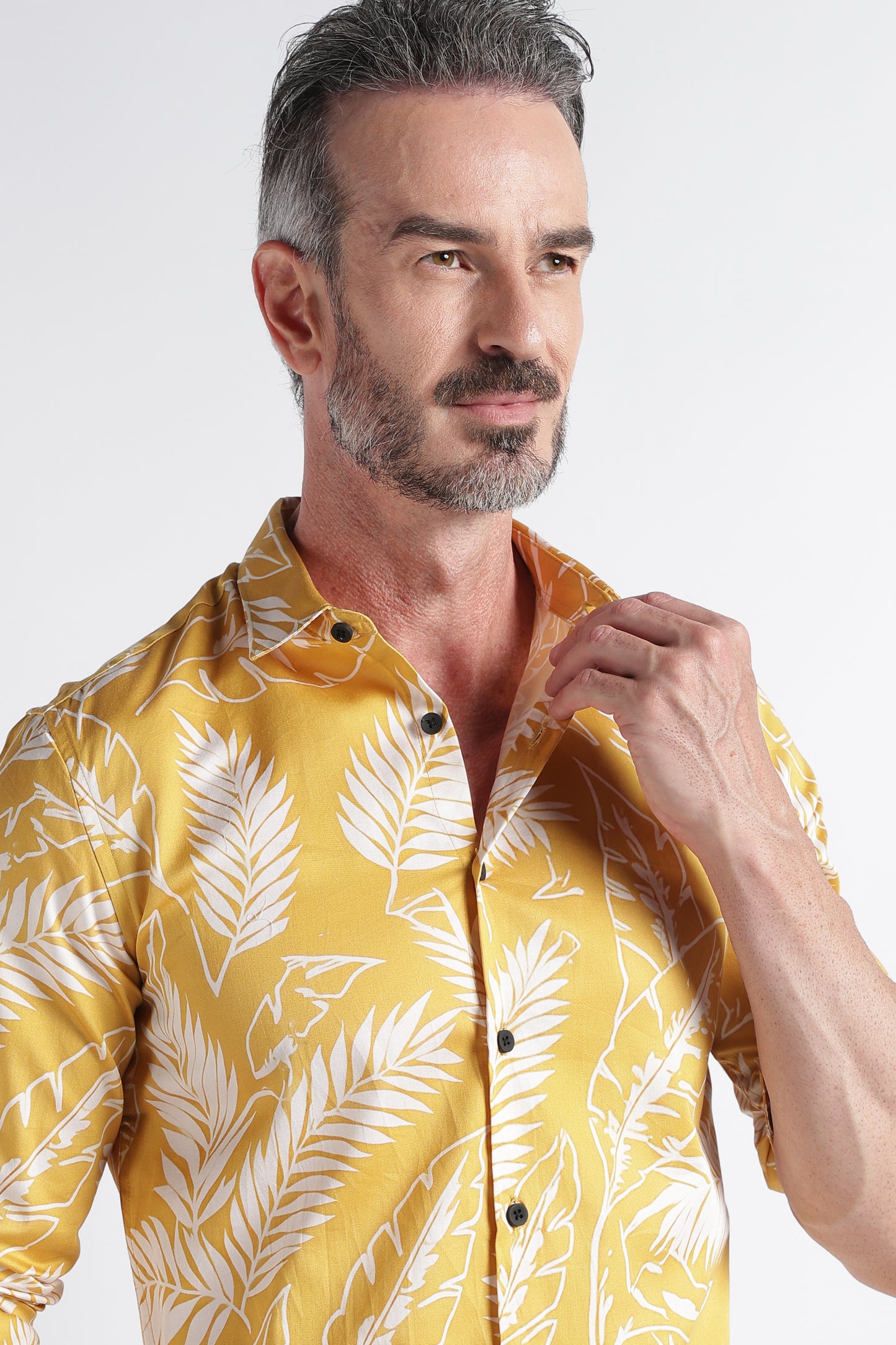 Yellow Cream Floral Print Shirt - Slim Fit Party Wear