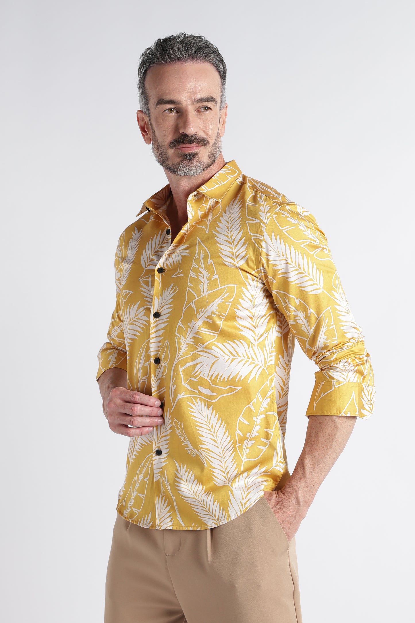Yellow Cream Floral Print Shirt - Slim Fit Party Wear