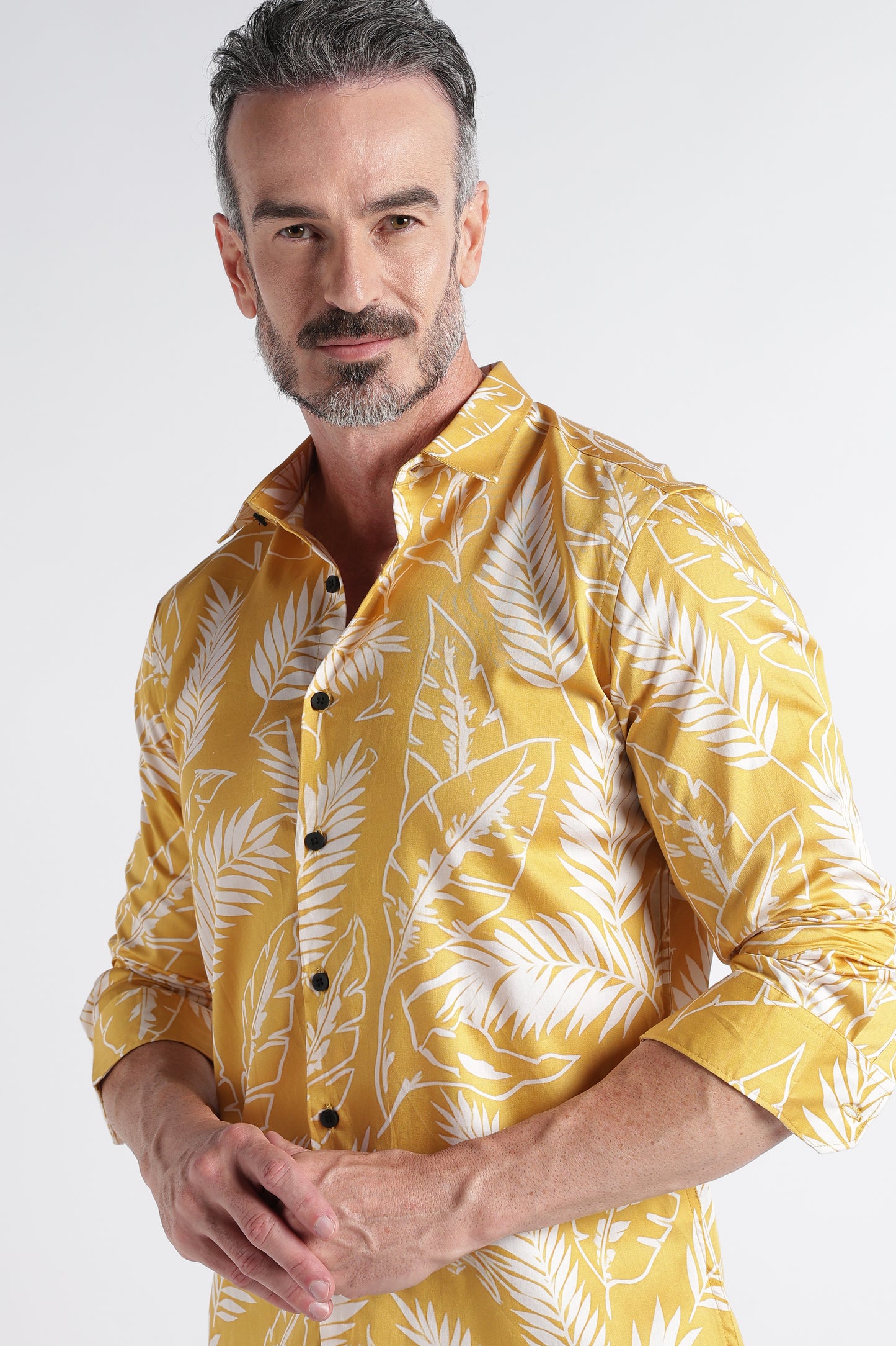 Yellow Cream Floral Print Shirt - Slim Fit Party Wear