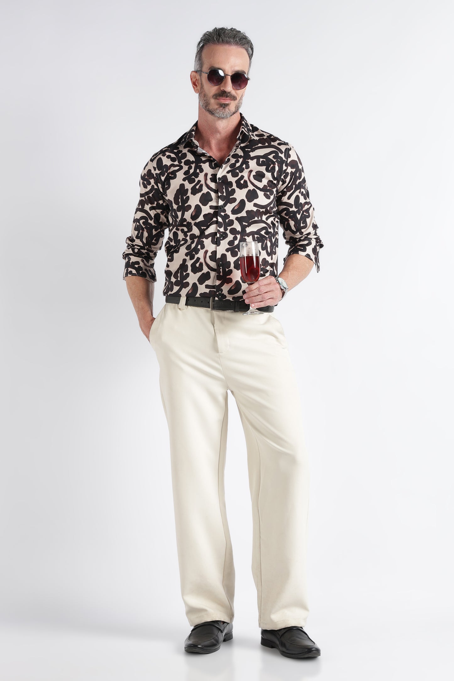 Beige Black Floral Print Shirt - Slim Fit Party Wear
