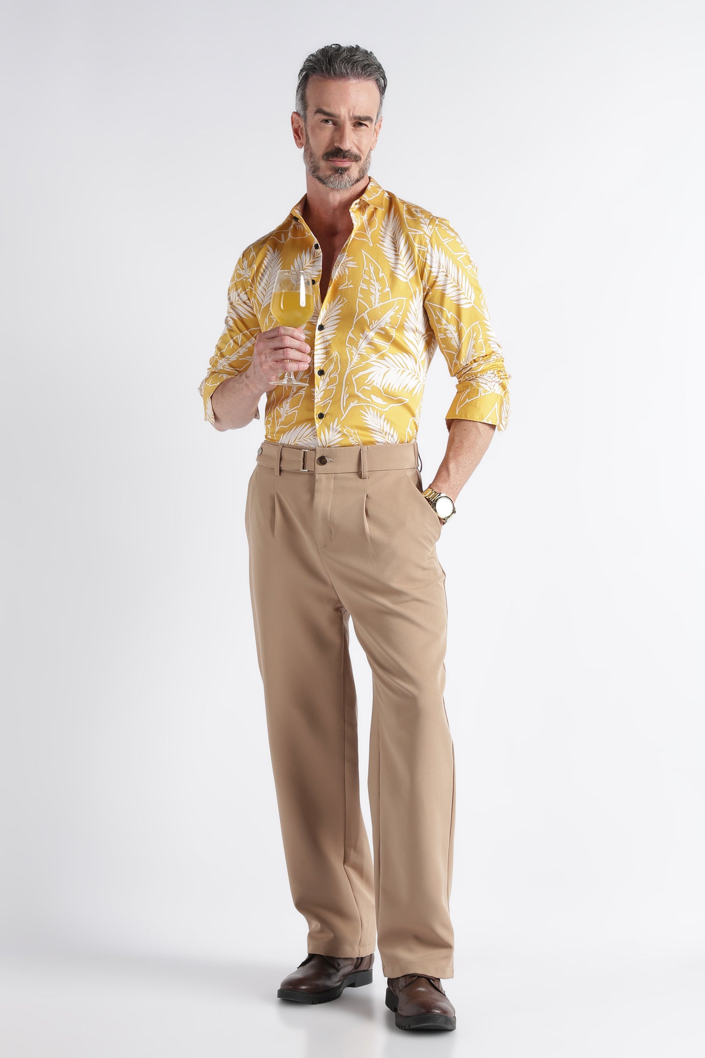 Yellow Cream Floral Print Shirt - Slim Fit Party Wear