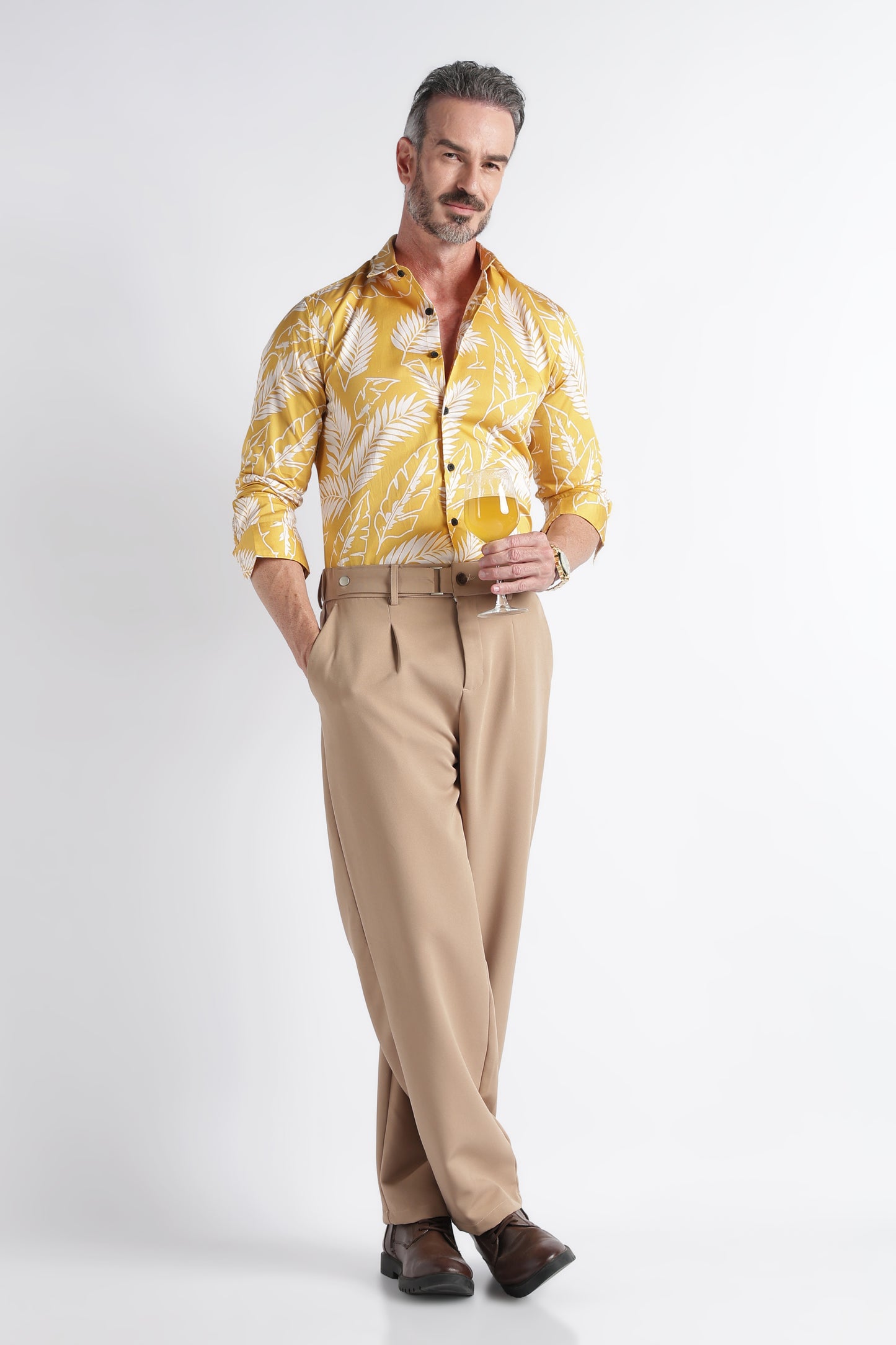 Yellow Cream Floral Print Shirt - Slim Fit Party Wear