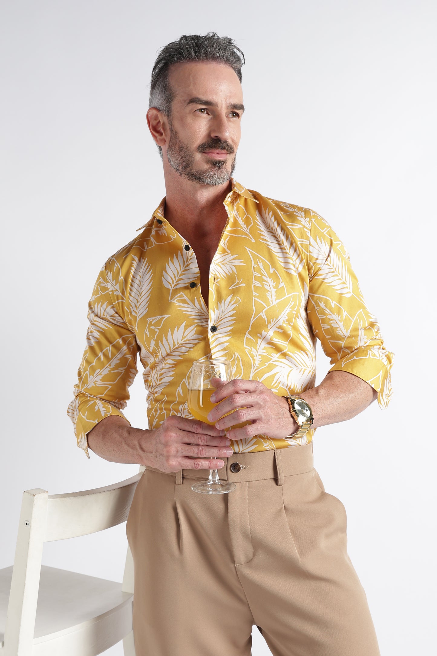 Yellow Cream Floral Print Shirt - Slim Fit Party Wear