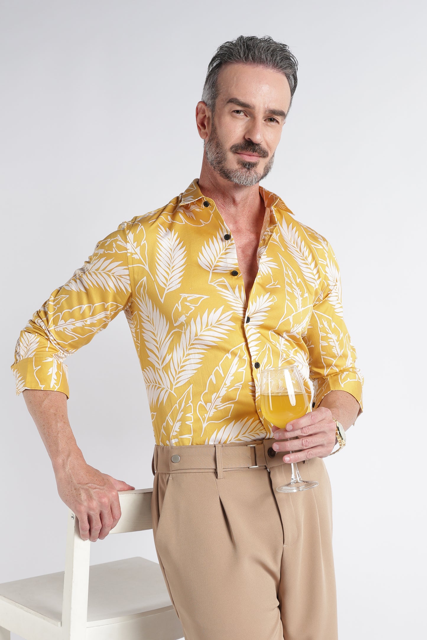 Yellow Cream Floral Print Shirt - Slim Fit Party Wear