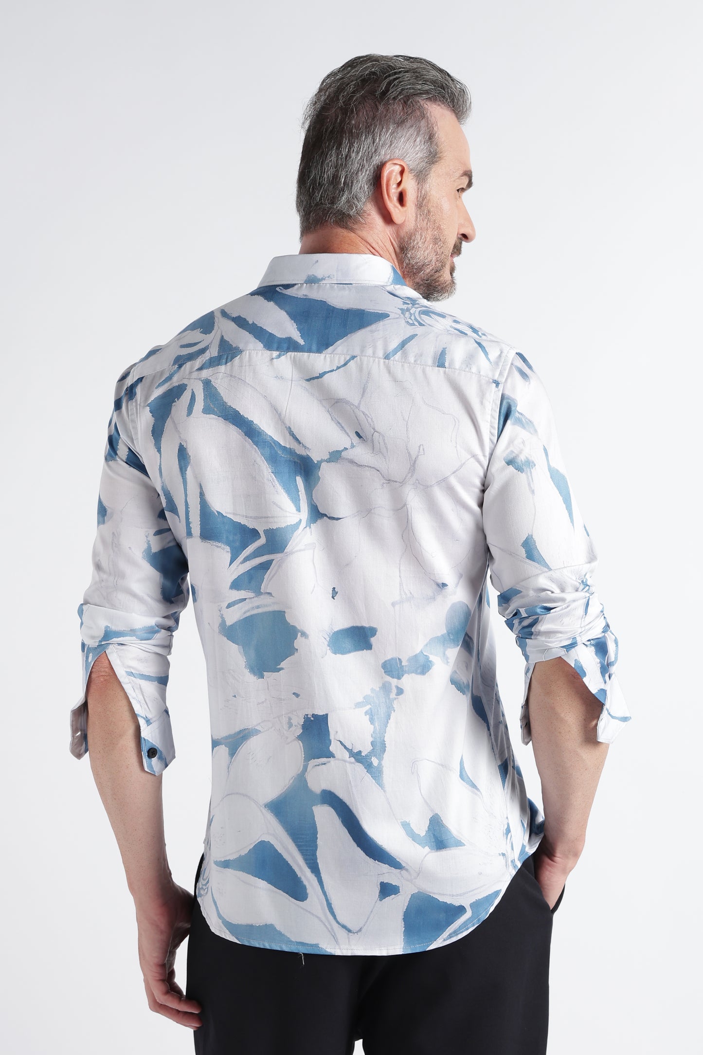 White Blue Floral Print Shirt - Slim Fit Party Wear