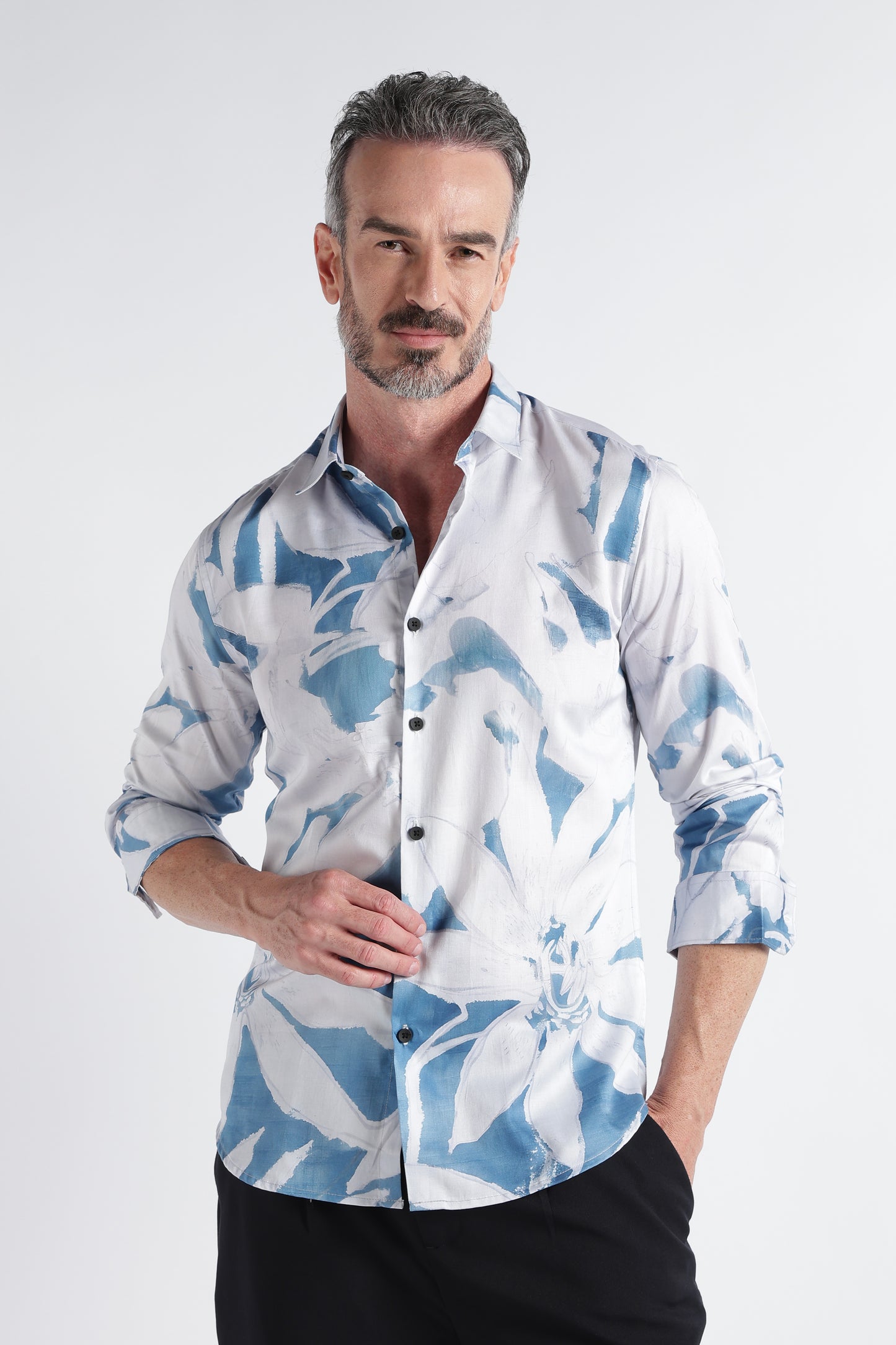 White Blue Floral Print Shirt - Slim Fit Party Wear