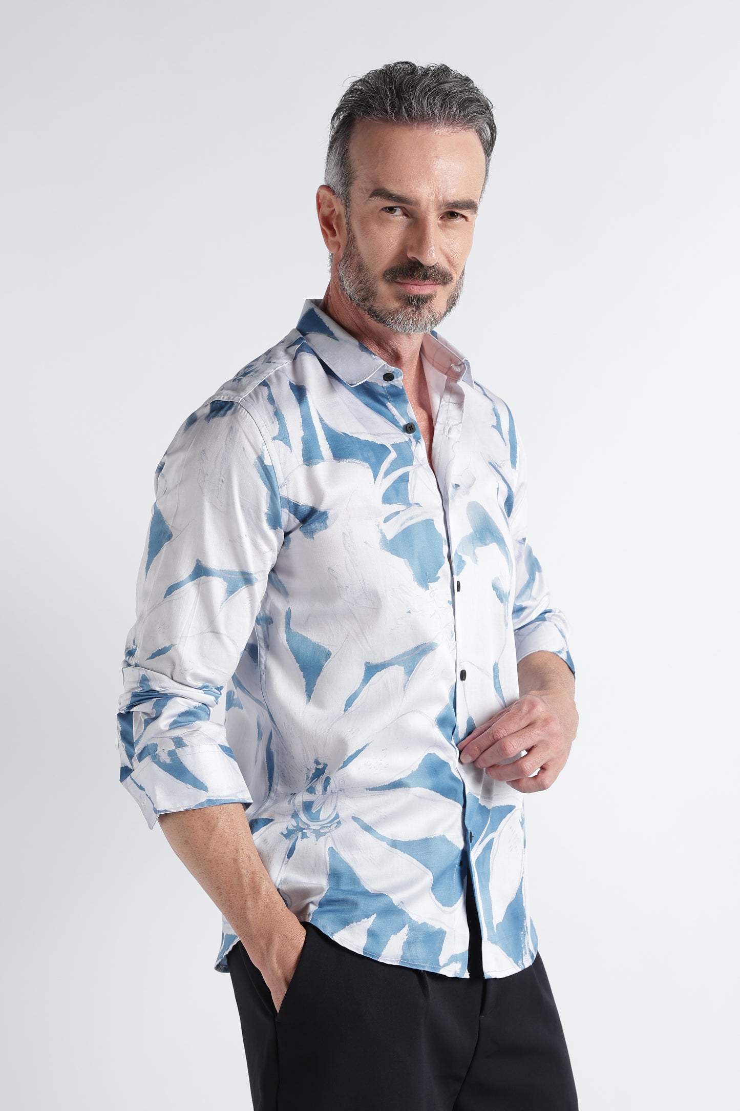 White Blue Floral Print Shirt - Slim Fit Party Wear