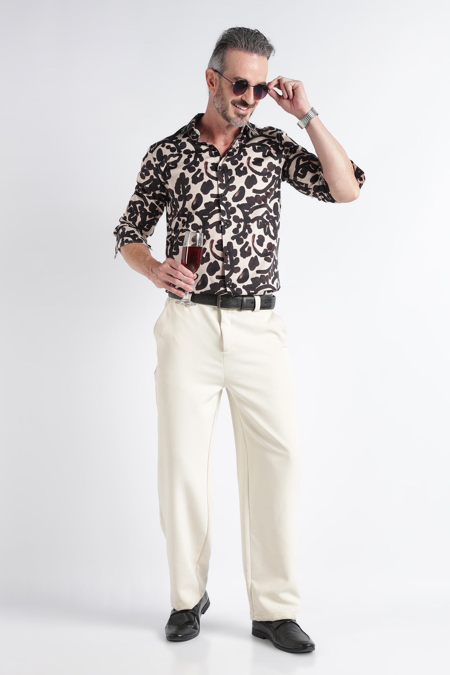 Beige Black Floral Print Shirt - Slim Fit Party Wear