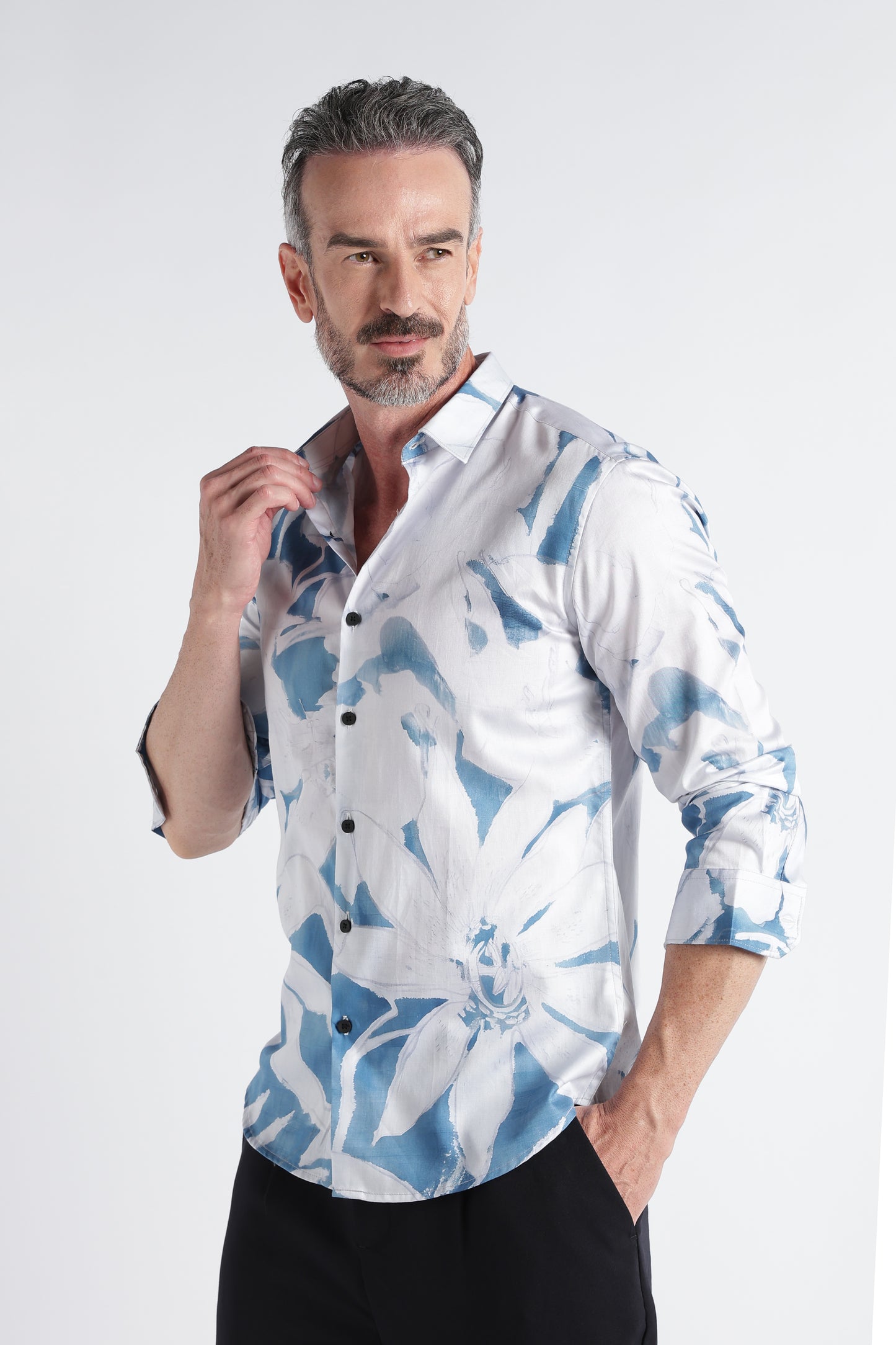 White Blue Floral Print Shirt - Slim Fit Party Wear