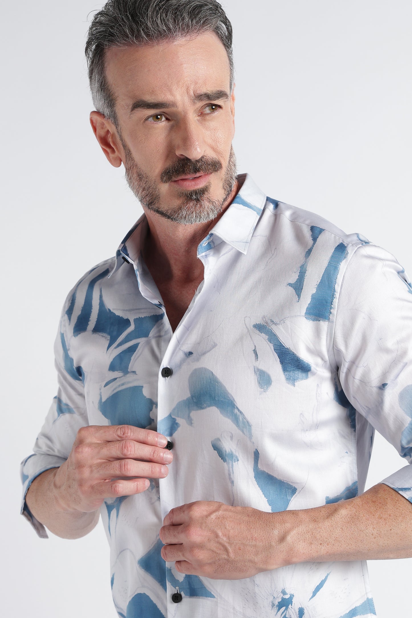 White Blue Floral Print Shirt - Slim Fit Party Wear