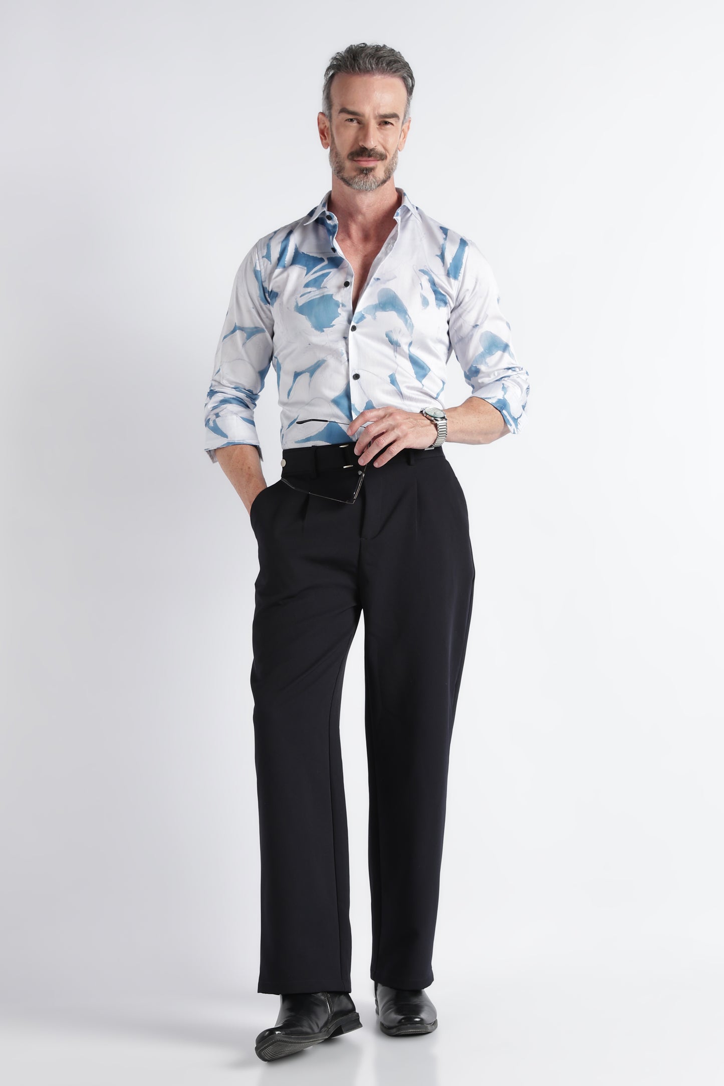 White Blue Floral Print Shirt - Slim Fit Party Wear