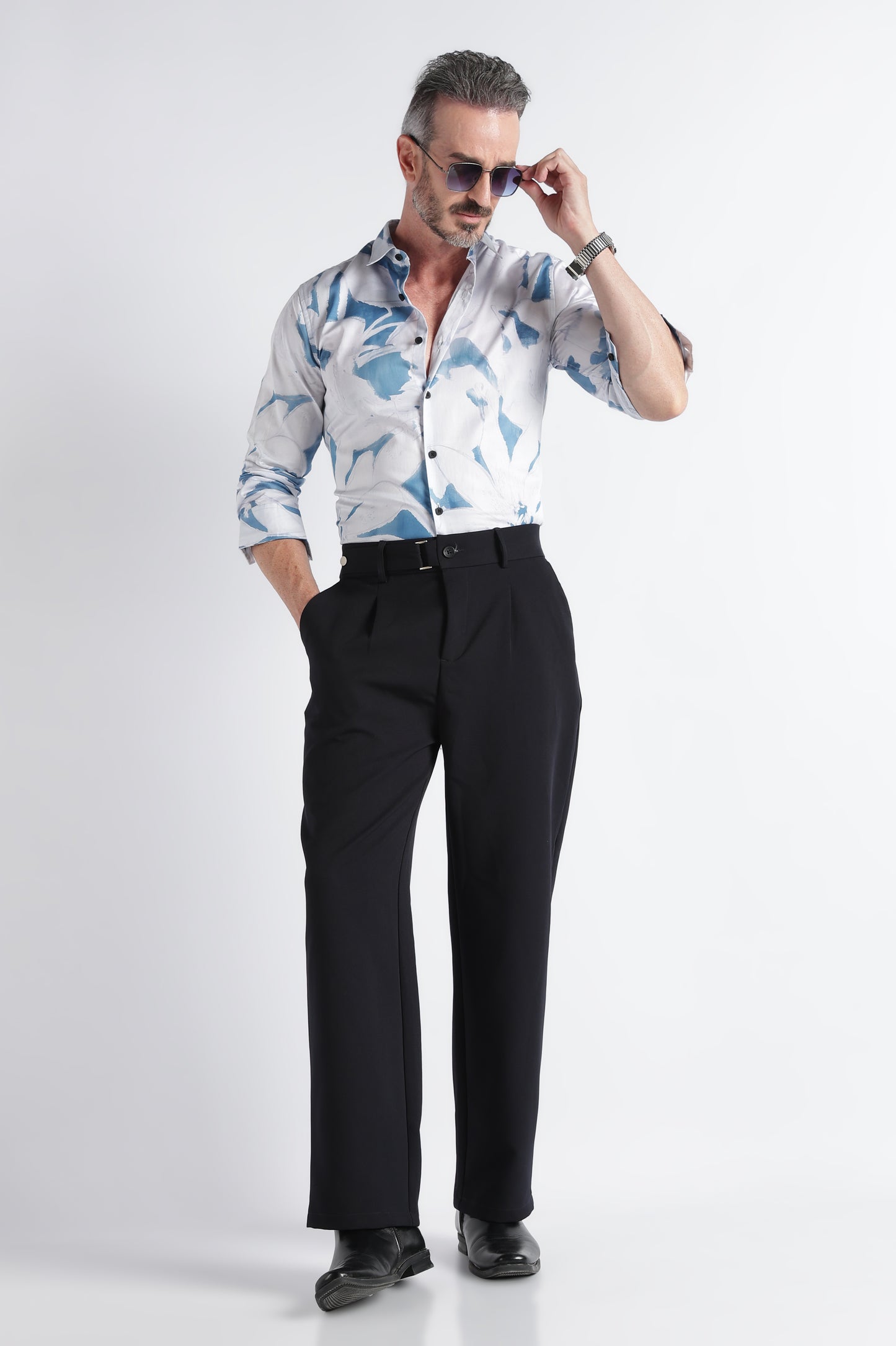 White Blue Floral Print Shirt - Slim Fit Party Wear
