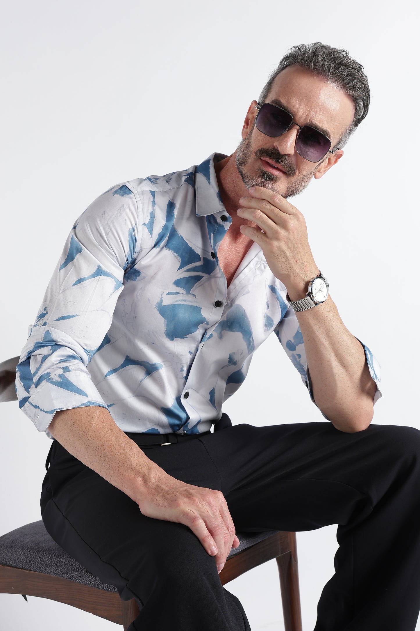 White Blue Floral Print Shirt - Slim Fit Party Wear