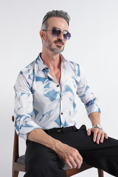 White Blue Floral Print Shirt - Slim Fit Party Wear